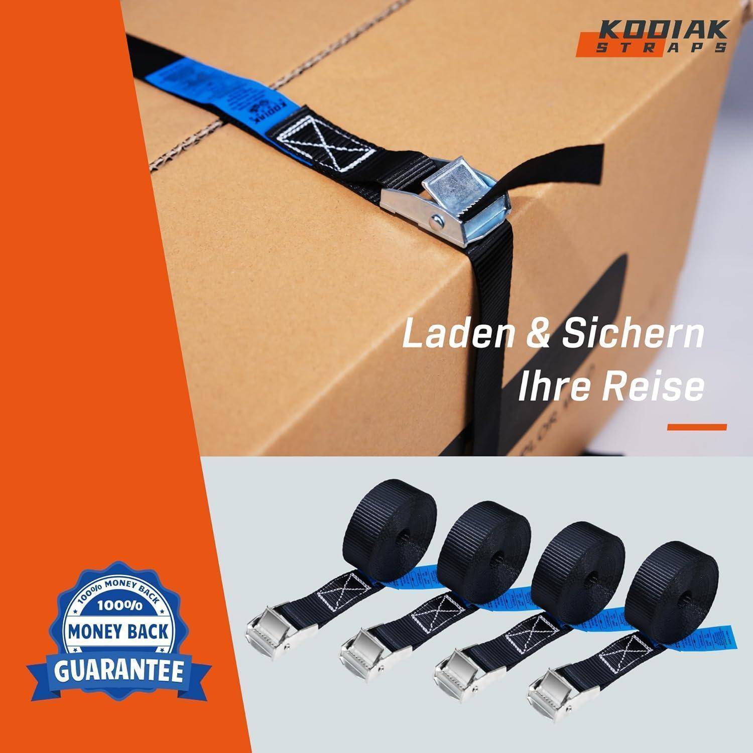 Werbeimage von KODIAK STRAPS, das eine Pappschachtel mit einem Ratschenverschluss sichert; vier schwarze Riemen darunter dargestellt, mit deutschem Text „Laden & Sichern Sie Ihre Reise