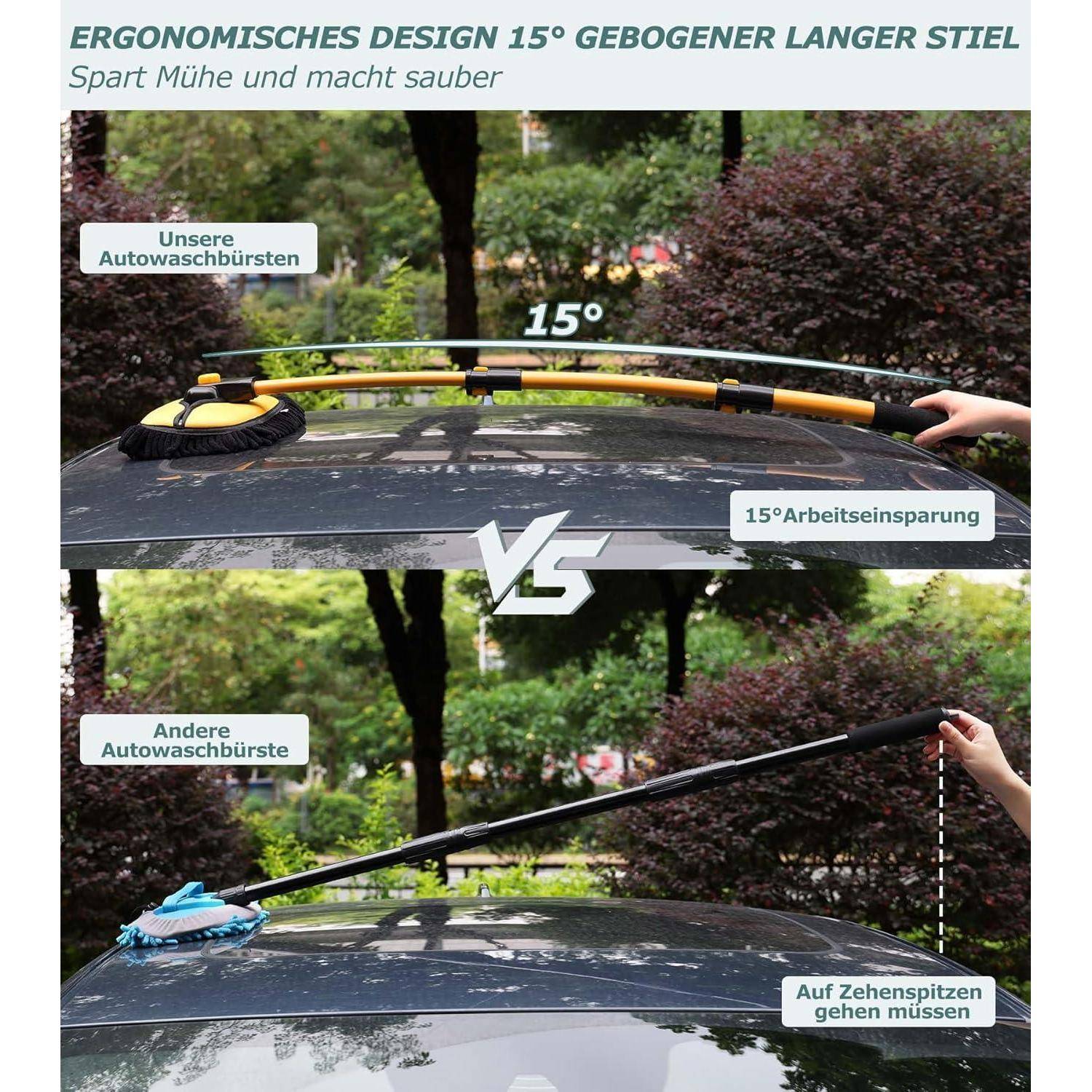 Innhom 15° Curve Autowaschbürste Teleskop, mit Langem Stiel für Autos, Wohnmobil, SUV, LKW - 2 Mop-Köpfe Inklusive (Gelb) Gelb(mop mit 2köpfe)