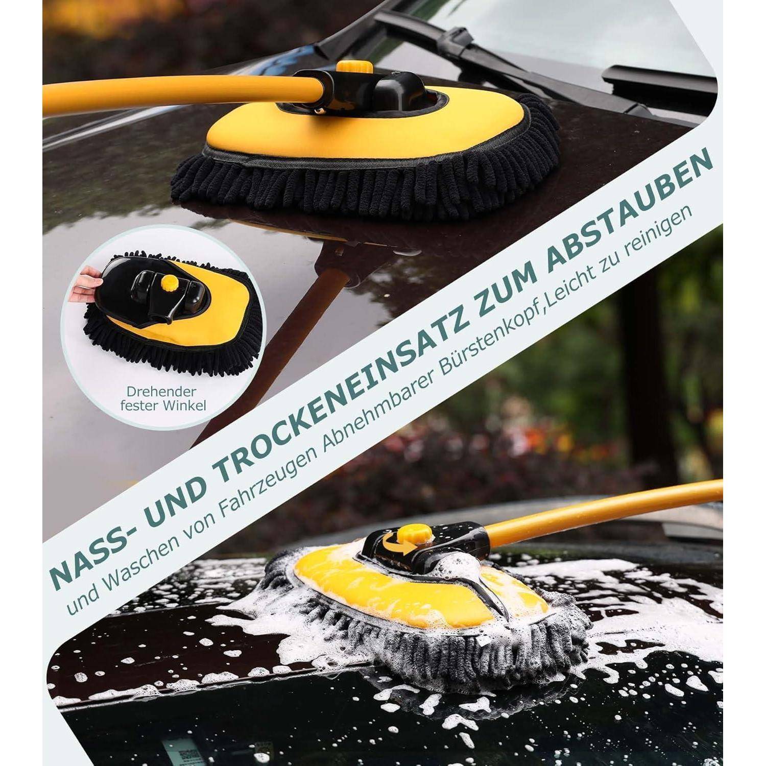 Innhom 15° Curve Autowaschbürste Teleskop, mit Langem Stiel für Autos, Wohnmobil, SUV, LKW - 2 Mop-Köpfe Inklusive (Gelb) Gelb(mop mit 2köpfe)