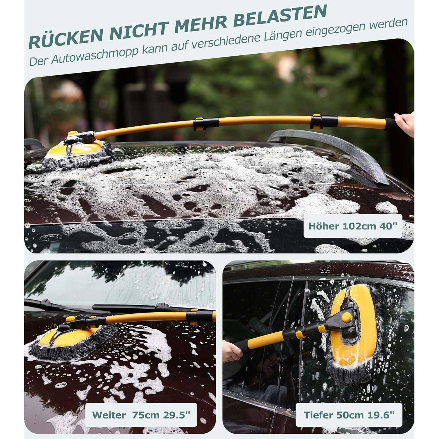 Innhom 15° Curve Autowaschbürste Teleskop, mit Langem Stiel für Autos, Wohnmobil, SUV, LKW - 2 Mop-Köpfe Inklusive (Gelb) Gelb(mop mit 2köpfe)