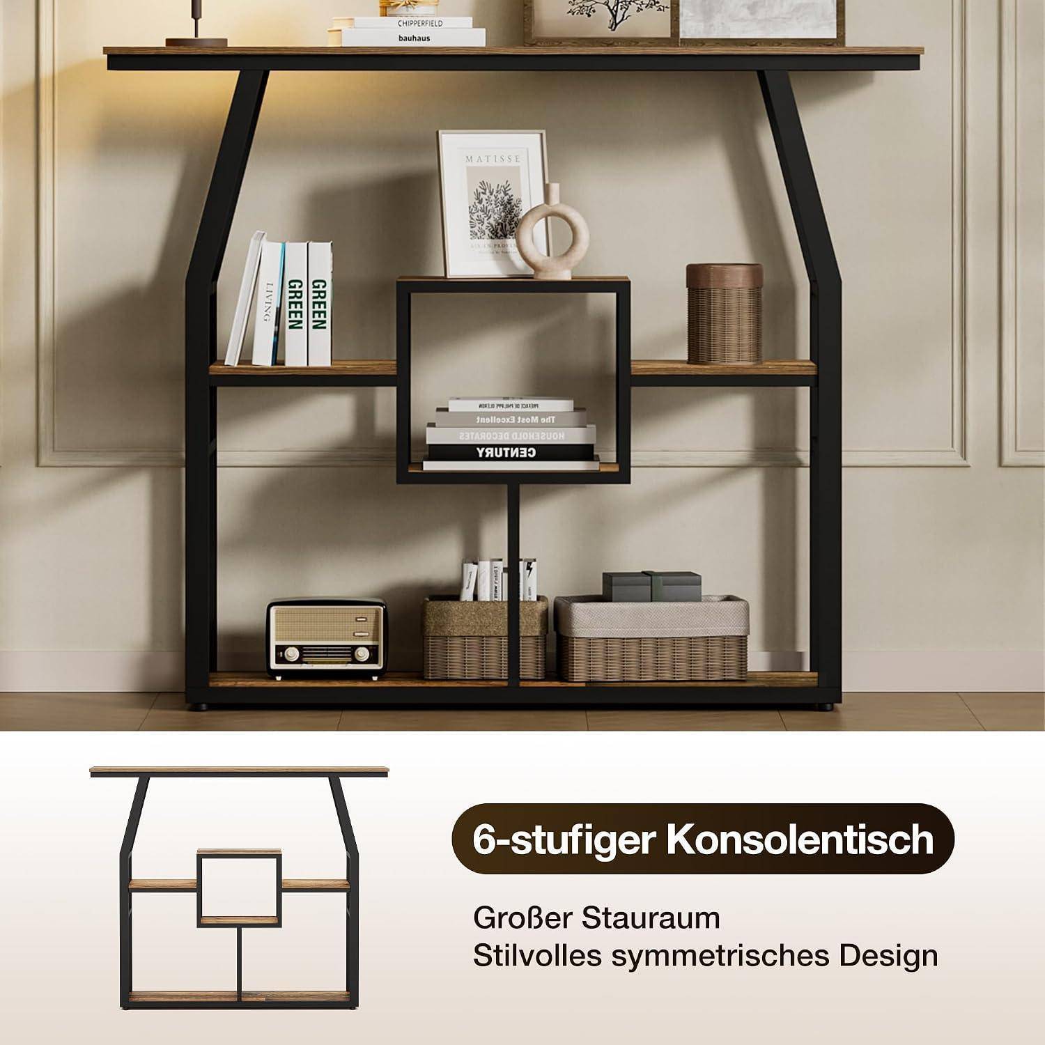 Moderner 6-stufiger schwarzer Konsolentisch mit Regalen, die Bücher, Dekoration, Körbe und ein kleines Radio halten; deutscher Anzeigentext sagt „6-stufiger Konsolentisch" und „Großer Stauraum, Stilvolles symmetrisches Design"".