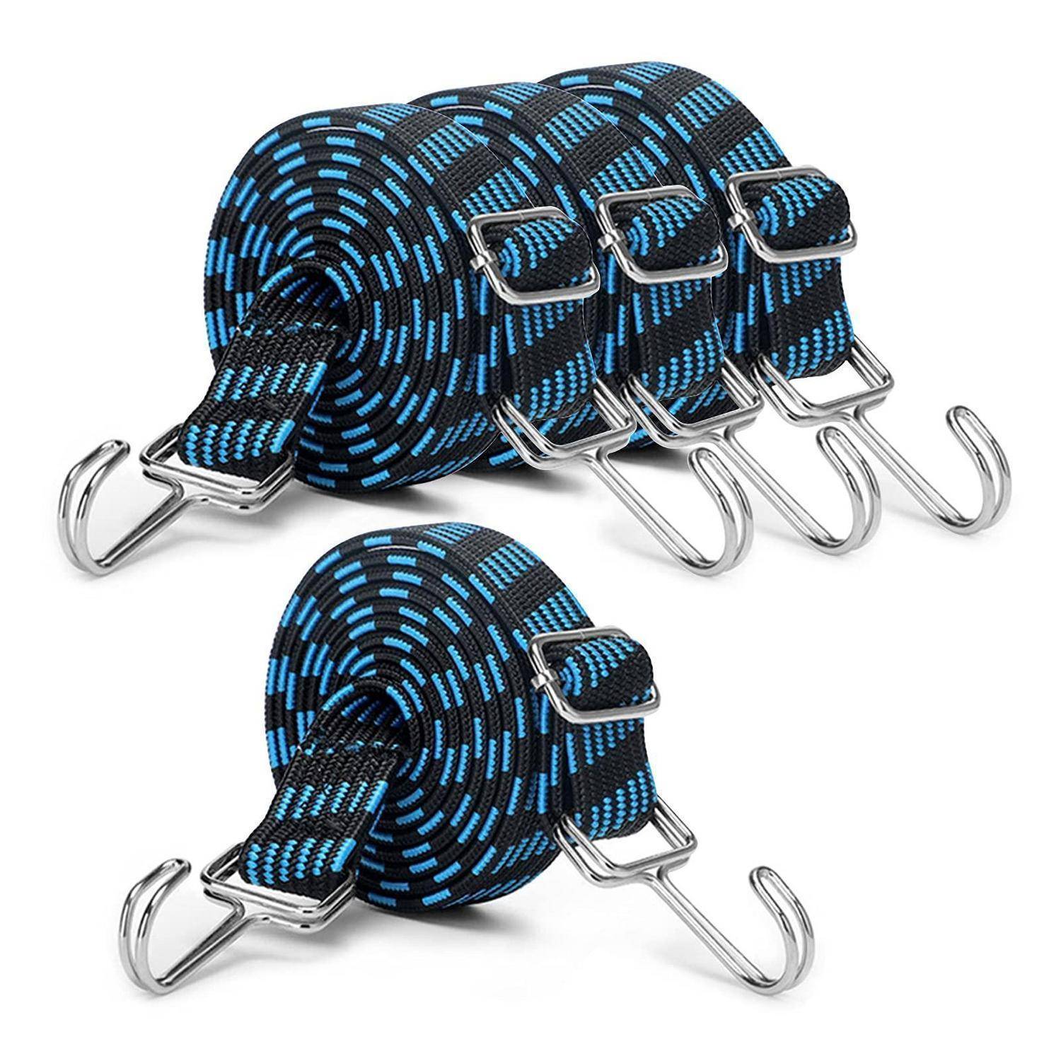 Zwei aufgerollte blau-schwarze Spanngurte aus Webbing mit Metallhaken und Schnallen, gezeigt auf weißem Hintergrund.