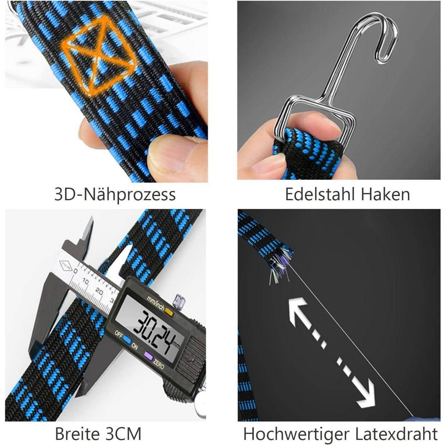 Vier-Panel-Produktbild eines blauschwarzen Riemens mit 3D-Steppnähten, einem Edelstahlhaken, einer Breite von 3 cm gemessen mit einer Schieblehre und einem strapazierfähigen Latexkern.