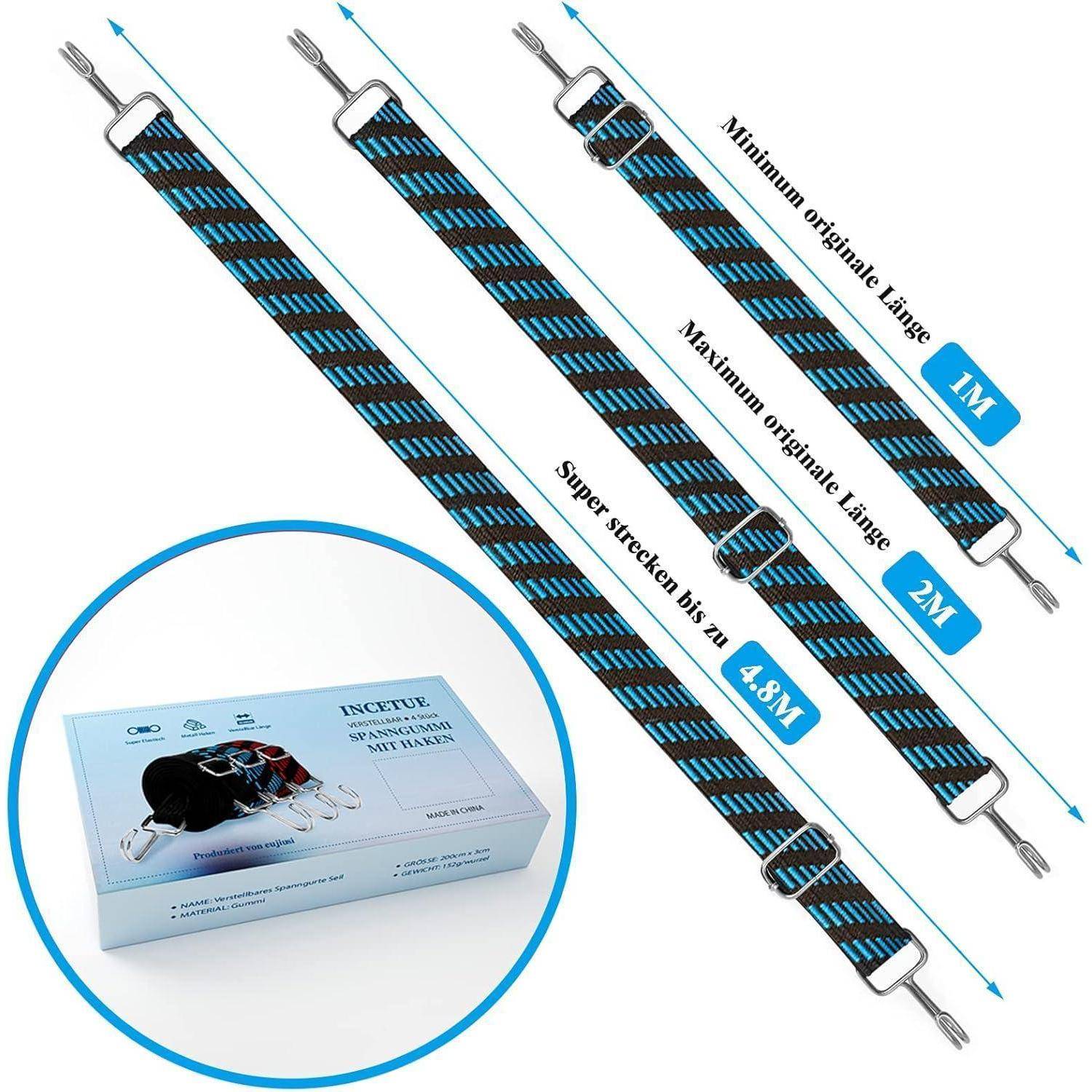 Diagramm von drei geflochtenen Kabelschutzhülsen mit Originallängen 1 M und 2 M und gestreckter Länge bis zu 4,8 M, plus Produktverpackung im Ausschnitt.