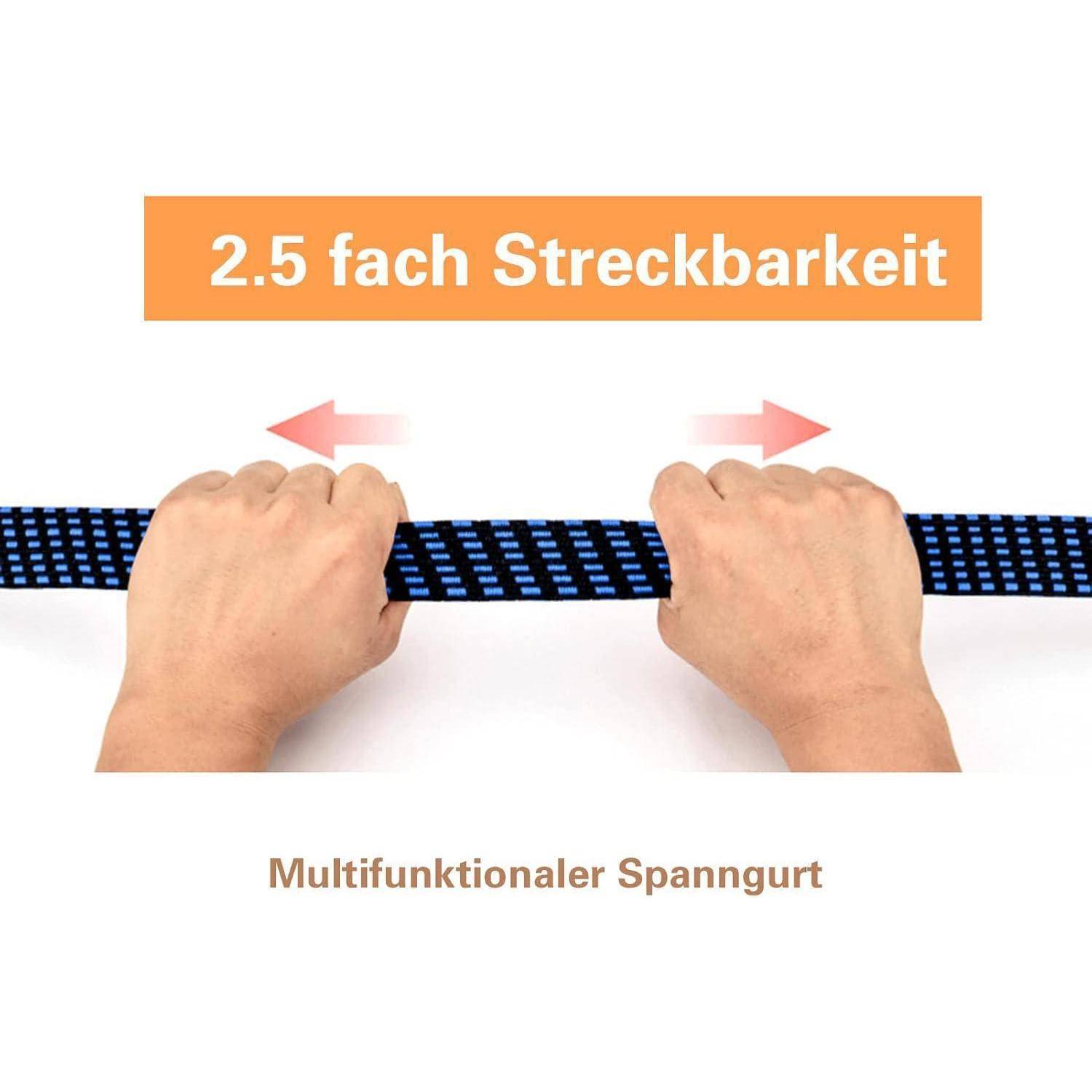 Zwei Hände ziehen einen schwarzblauen Dehnungsriemen auseinander, mit der Beschriftung „2,5-fache Streckbarkeit