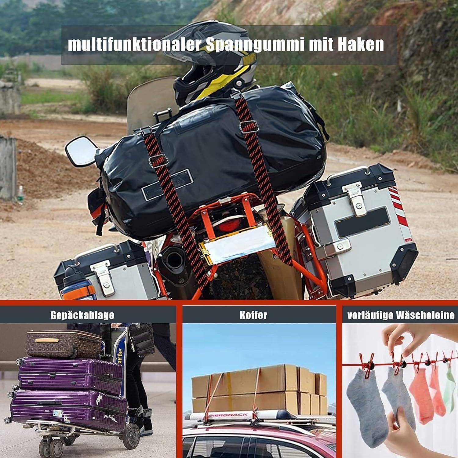 Motorrad mit einem multifunktionalen Riemen und Haken zur Befestigung von Gepäck; Einschübe zeigen die Verwendung als Gepäckträgerspannband, Kofferriemen und provisorische Wäscheleine.