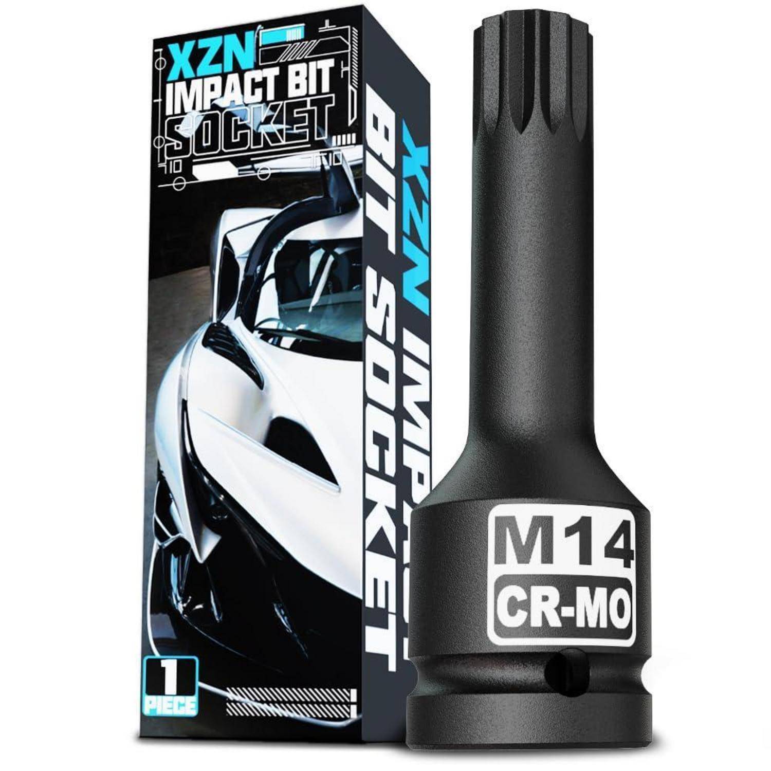 Verpackung und eine schwarze XZN-Schlagstecknuss mit der Aufschrift „M14 CR-MO