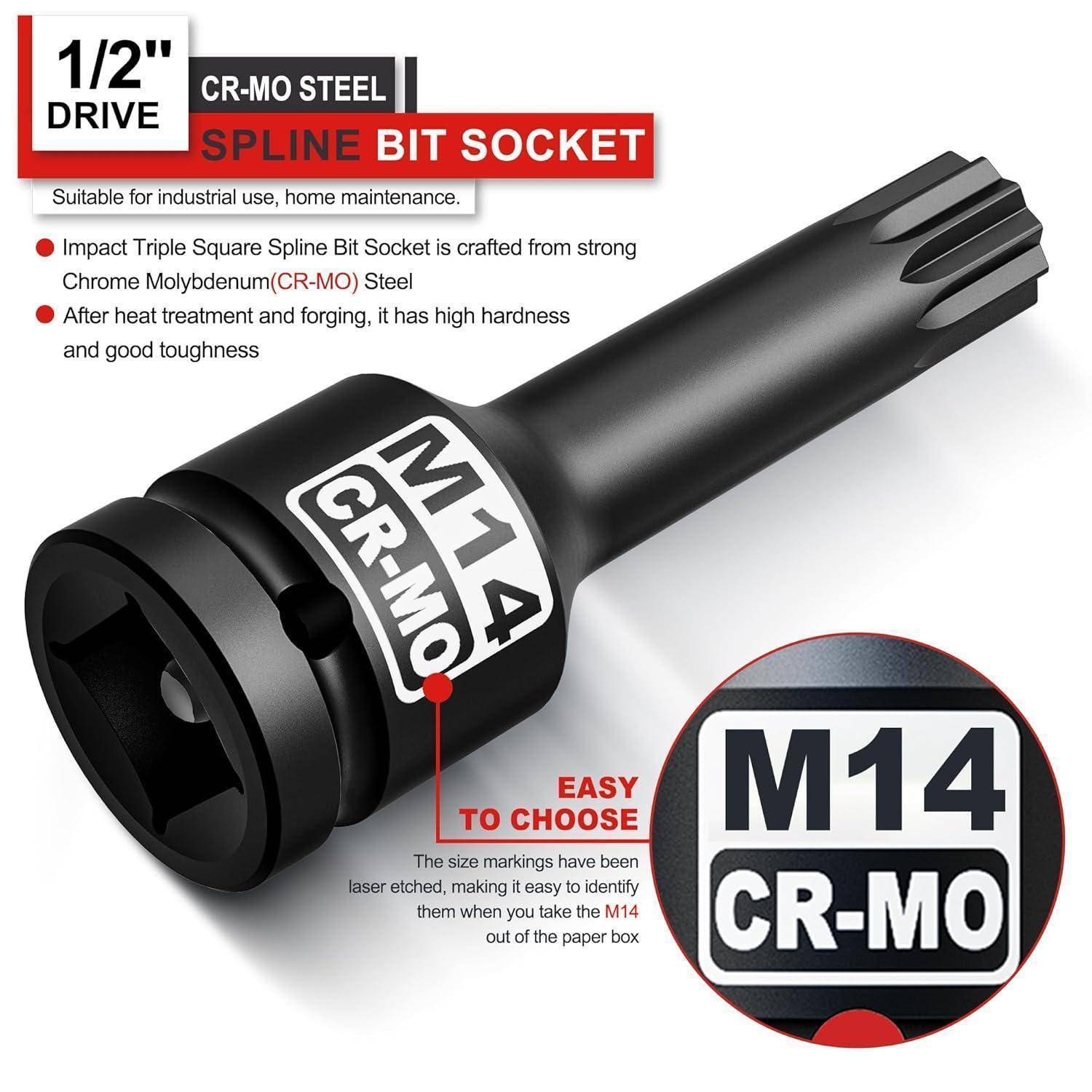 Schwarz 1/2-Zoll-Antrieb Spline-Bit-Steckschlüssel mit M14-Bezeichnung aus CR-MO-Stahl, dargestellt mit detaillierter Nahaufnahme und Produktmerkmalen für industrielle Anwendung.