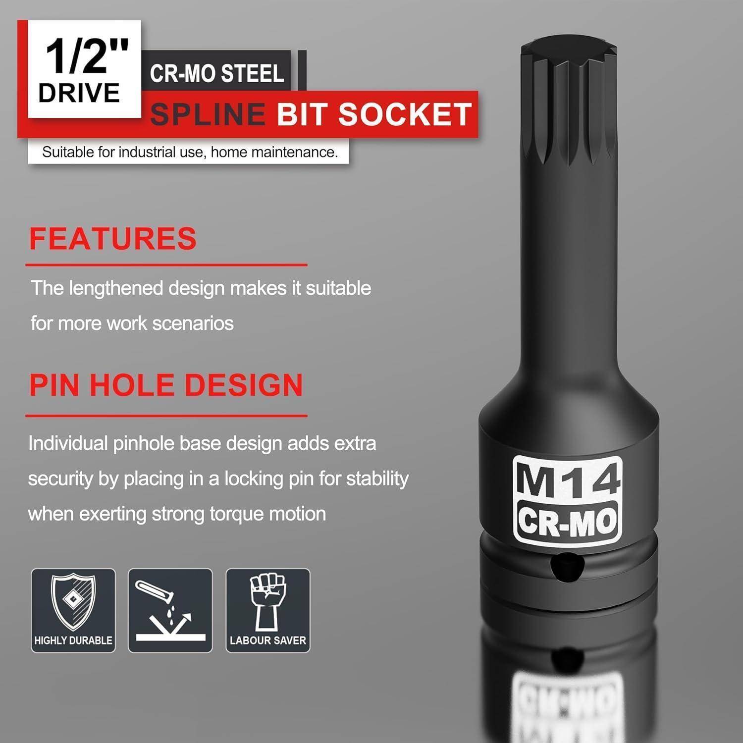 KIRXST Kraft XZN Bit Einsatz 1/2 Zoll, M14, Kraft Vielzahn Bit Steckschlüssel, CR-MO Stahl, für Hand- und Schlagschrauber 1/2" M14 Tief