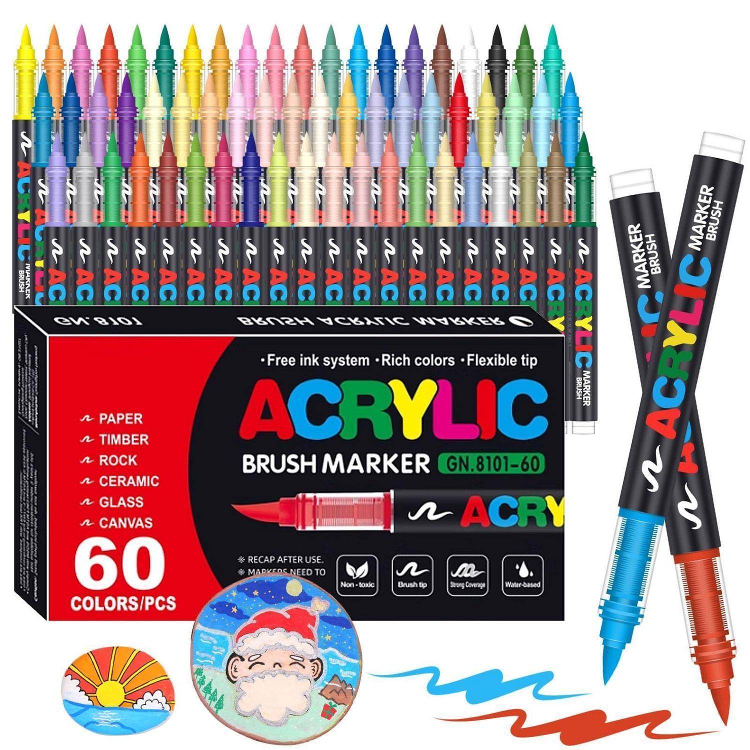Laconile 60 Farben Acrylstifte für Steine Wasserfest, Brush Tip Acrylic Pens Set, Schnelltrocknend und Ungiftig, Ideal Acrylstifte zum Bemalen für