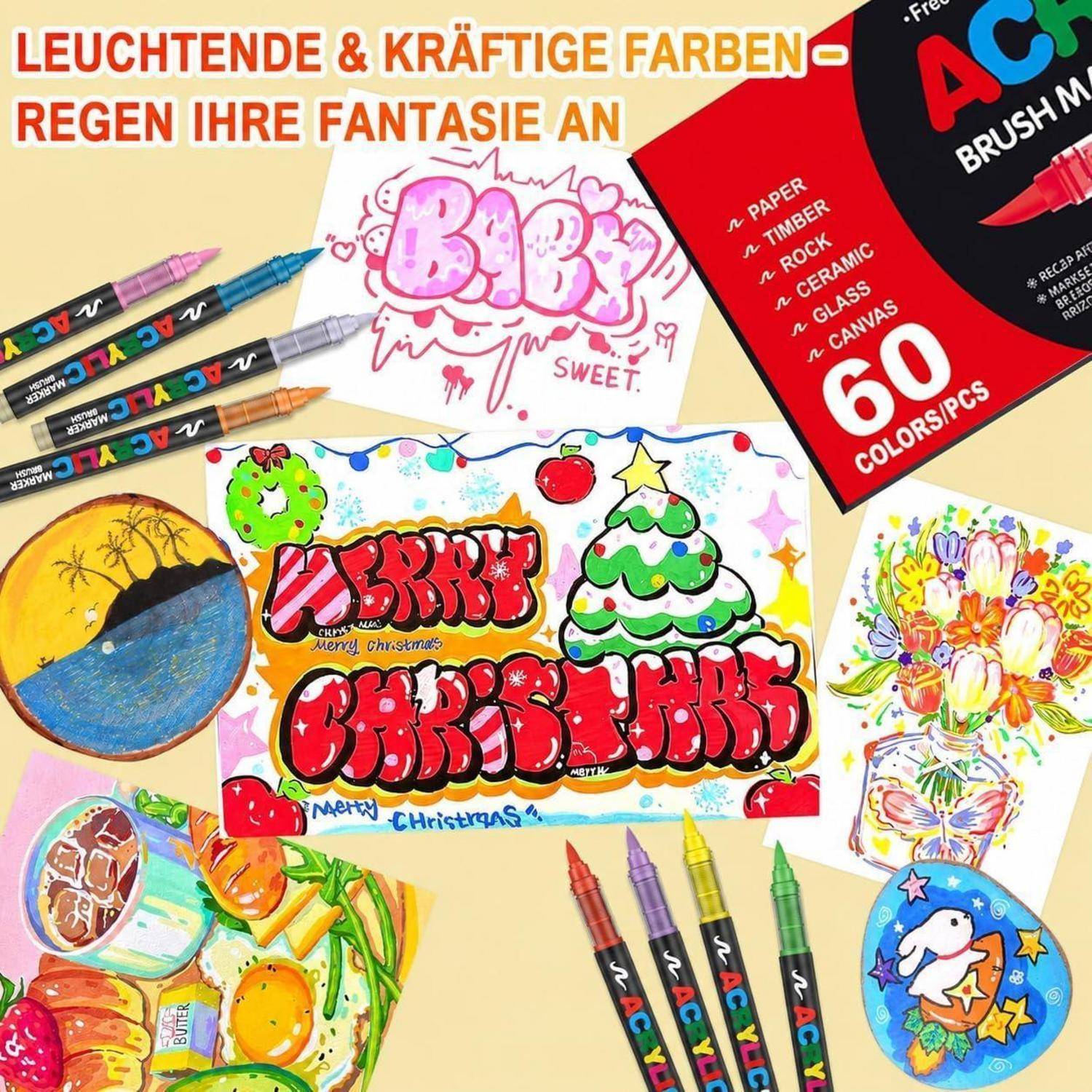 Laconile 60 Farben Acrylstifte für Steine Wasserfest, Brush Tip Acrylic Pens Set, Schnelltrocknend und Ungiftig, Ideal Acrylstifte zum Bemalen für