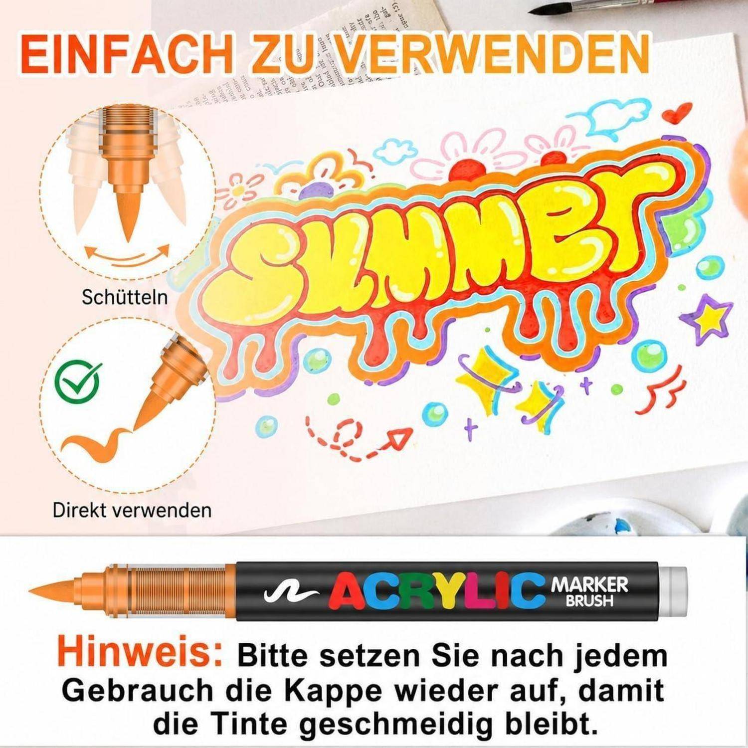 Anleitung zur Verwendung eines Glitzer-Acrylmarker-Pinsels: vor Gebrauch schütteln, dann direkt auftragen. Die Anmerkung besagt, dass die Kappe nach jeder Verwendung wieder aufgesetzt werden sollte, um die Tinte flüssig zu halten.