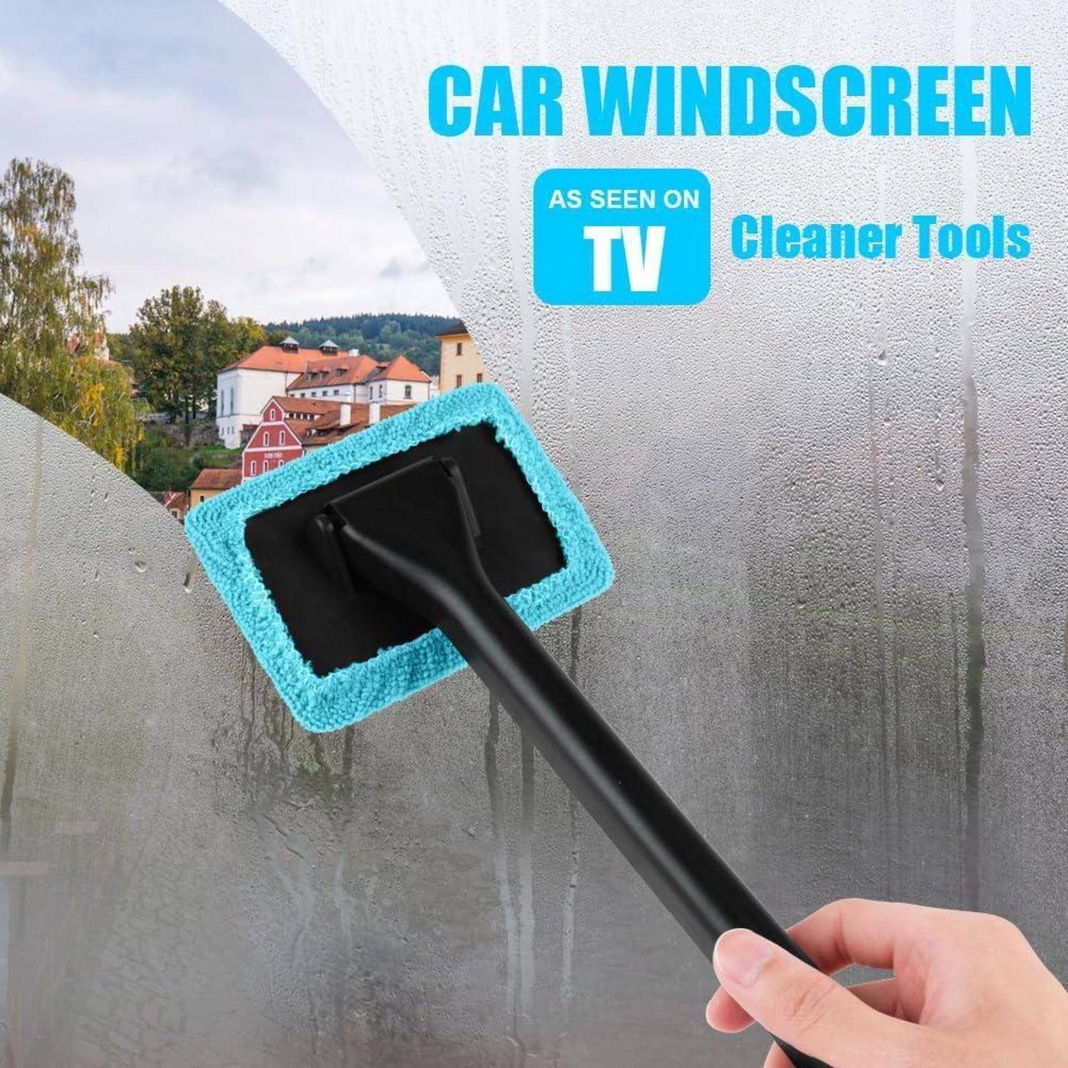 Werbebild eines Autowischerreinigers, der Kondensation von einem beschlagenen Fenster abwischt, mit dem Text „AUTOWINDE