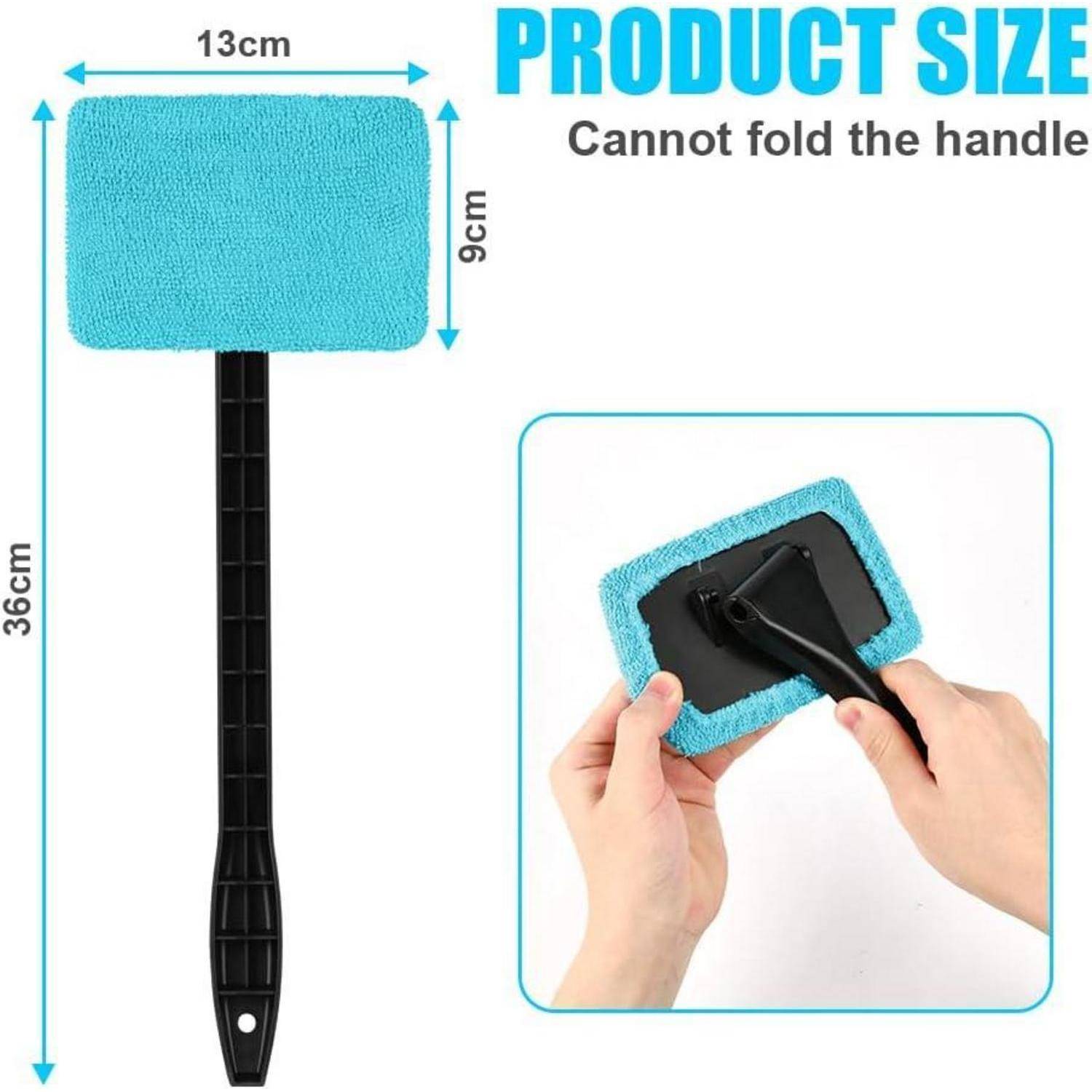 Größendiagramm eines blauen Mikrofaser-Pinsels: Kopf 13 cm breit × 9 cm hoch, Gesamtlänge 36 cm; Hinweis besagt „Der Griff kann nicht zusammengeklappt werden