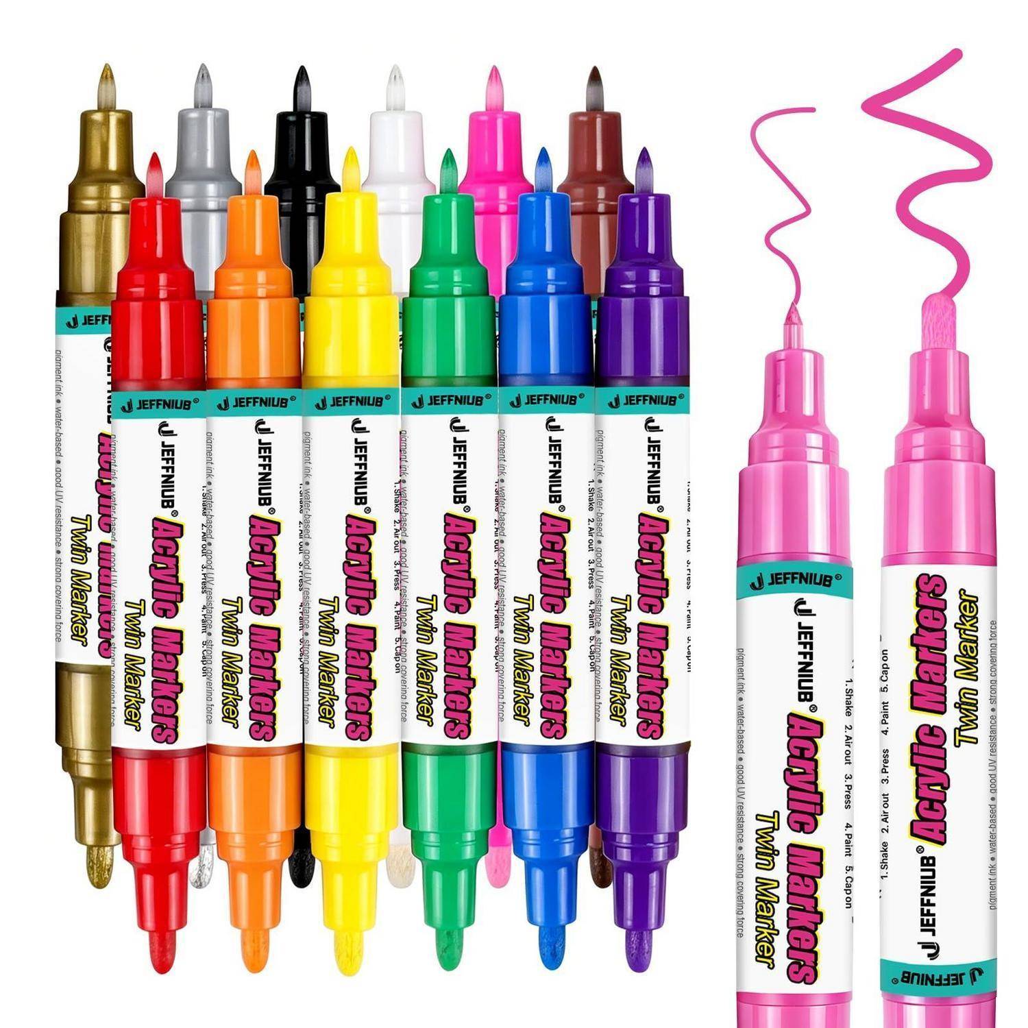 12 Farben Acrylstifte Doppelspitze, Wasserfest Fein & Rund spitze | 0,7mm-2mm Acrylmarker für Stein, Holz, Stoff, Leinwand, Glas, Keramik, Metall