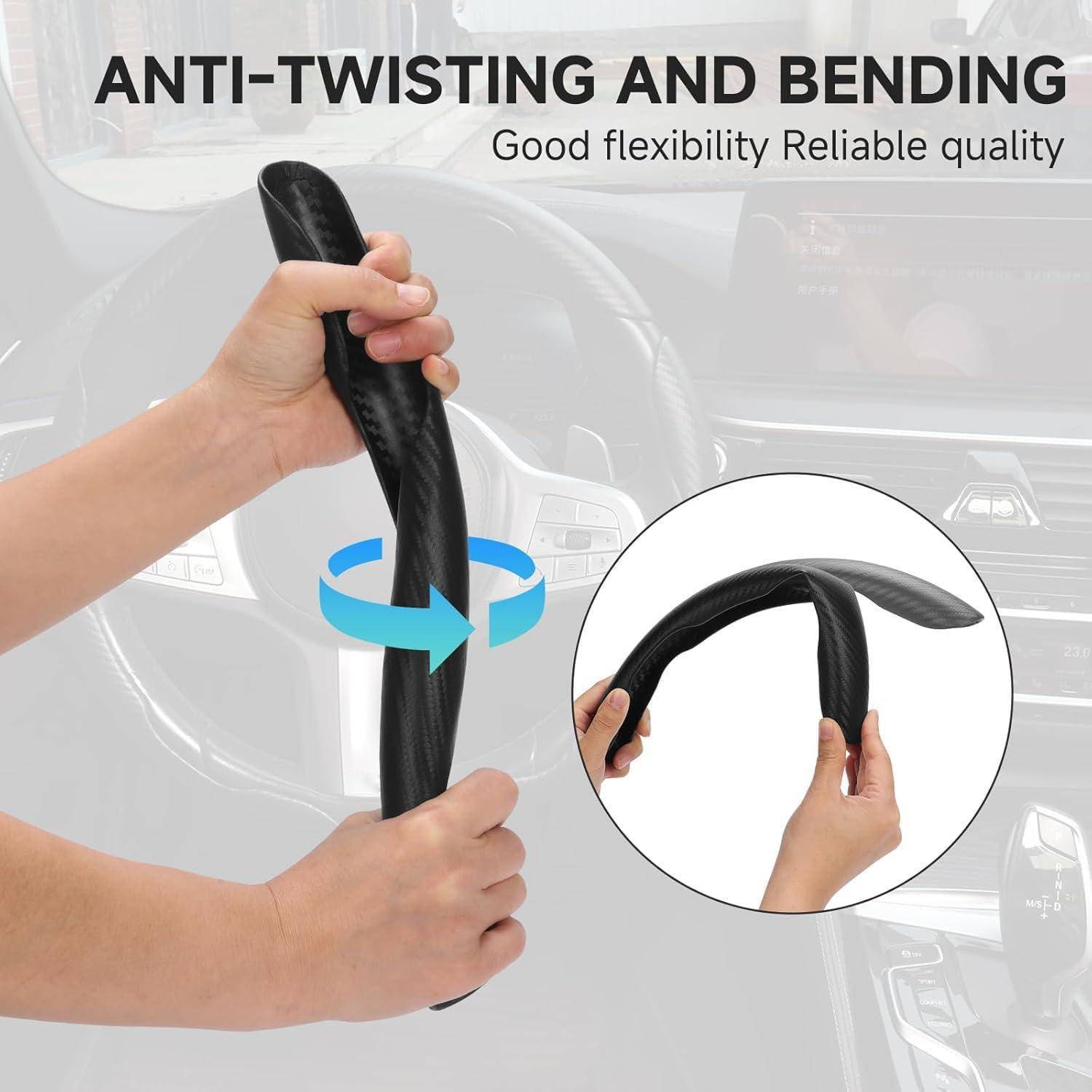 Hände biegen einen schwarzen Schlauch, um die Verdrehungsfestigkeit und Biegungsflexibilität zu zeigen, mit dem Text „ANTI-TWISTING AND BENDING" und „Good flexibility Reliable quality"".