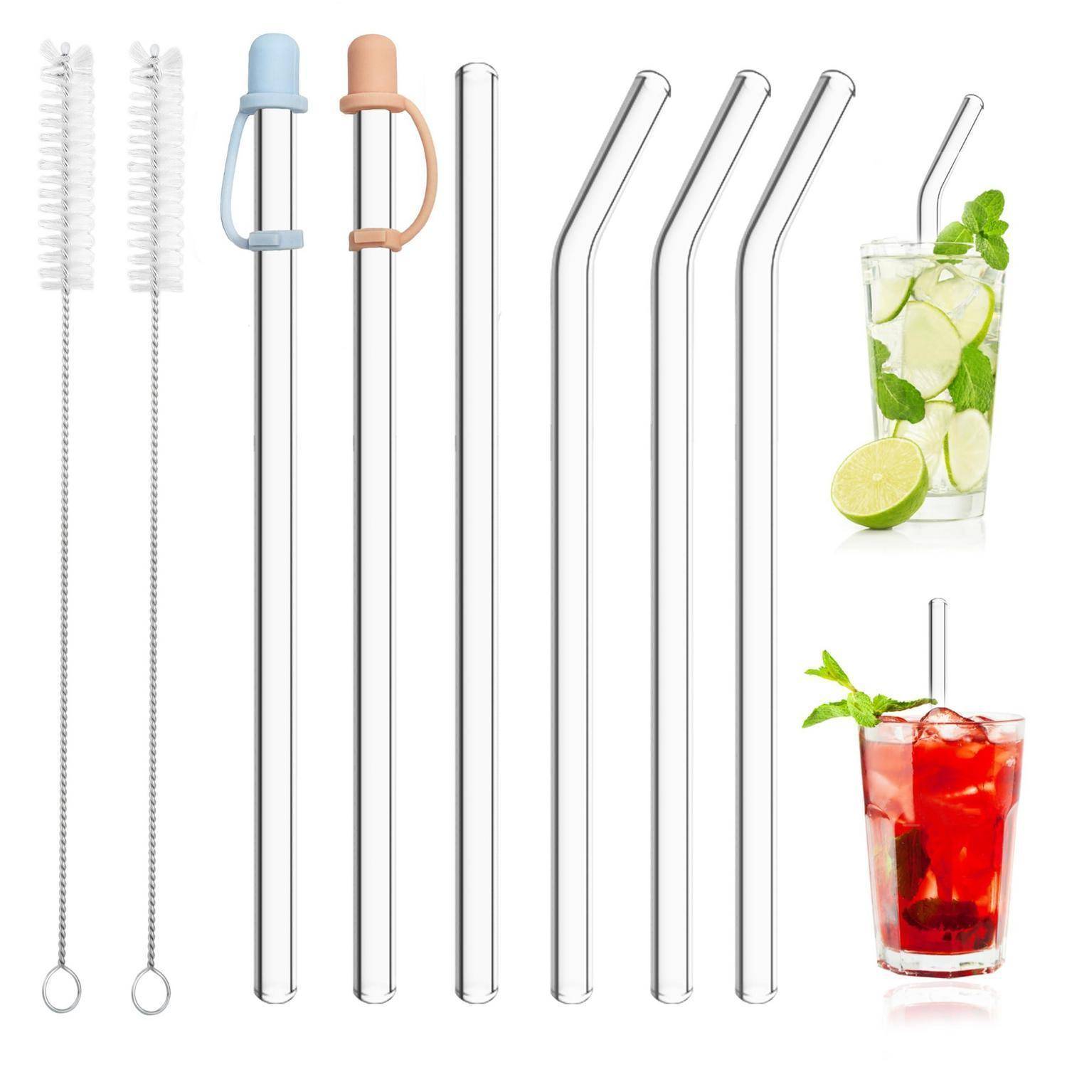 6 Stück Strohhalme Glas, Wiederverwendbar Glas Strohhalm, Qualität Trinkhalme Glasstrohhalme mit 2 Reinigungsbürsten für Säfte, Cocktails, Smooth