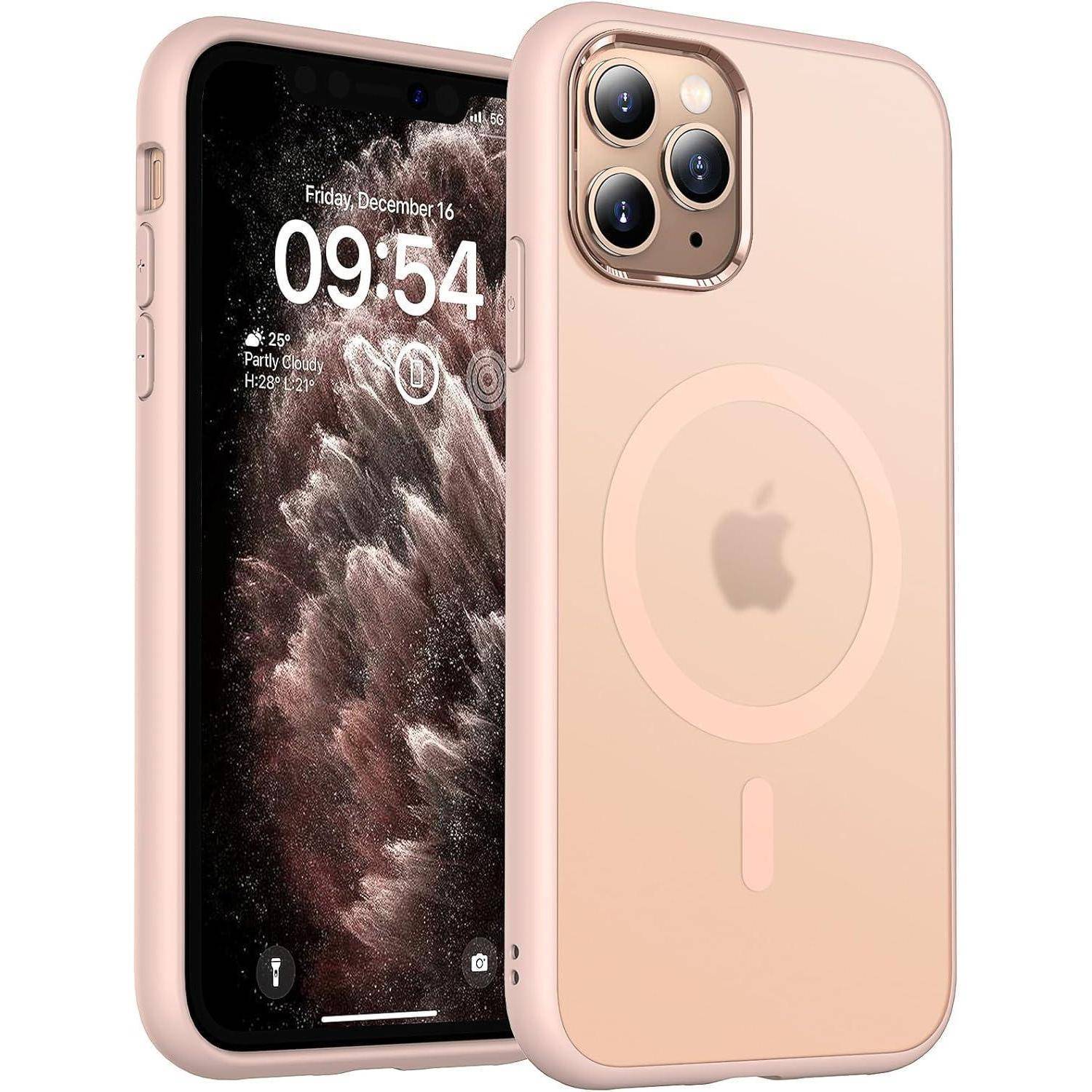 Zwei rosa iPhones von vorne und hinten gezeigt, mit dem Sperrbildschirm mit der Zeit 09:54 und der hinteren Dreifachkamera und dem MagSafe-Kreis.