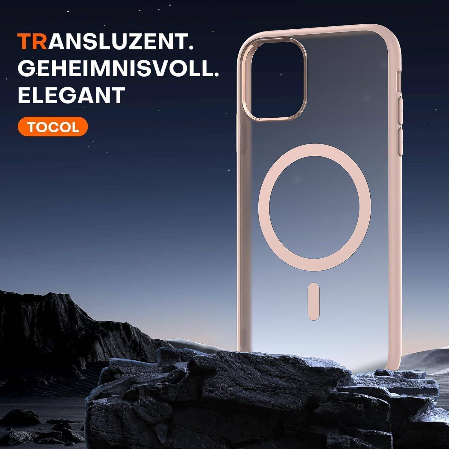 Transparente Handyhülle mit MagSafe-Ring und Kameraausschnitt, vor einer sternenbesäten Nachtlandschaft gezeigt; Text lautet „TRANSLUZENT. GEHEIMNISVOLL. ELEGANT