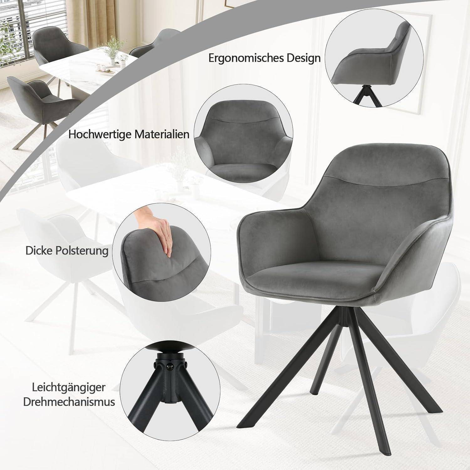Produktbild eines grau gepolsterten Drehsessels mit schwarzen Dreibeinbeinen, das das ergonomische Design, hochwertige Materialien, dicke Polsterung und den leicht drehbaren Mechanismus hervorhebt.