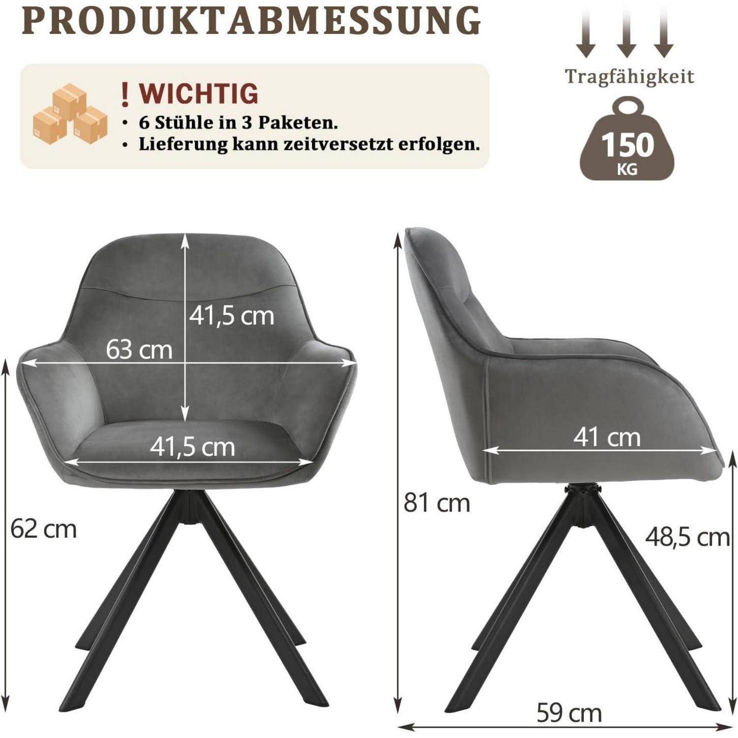 Produktabmessungen für einen Drehstuhl: 62 cm Höhe, 63 cm Breite, 59 cm Tiefe, Sitzfläche 41,5 cm, Rückenlehne 81 cm, Belastbarkeit 150 kg.