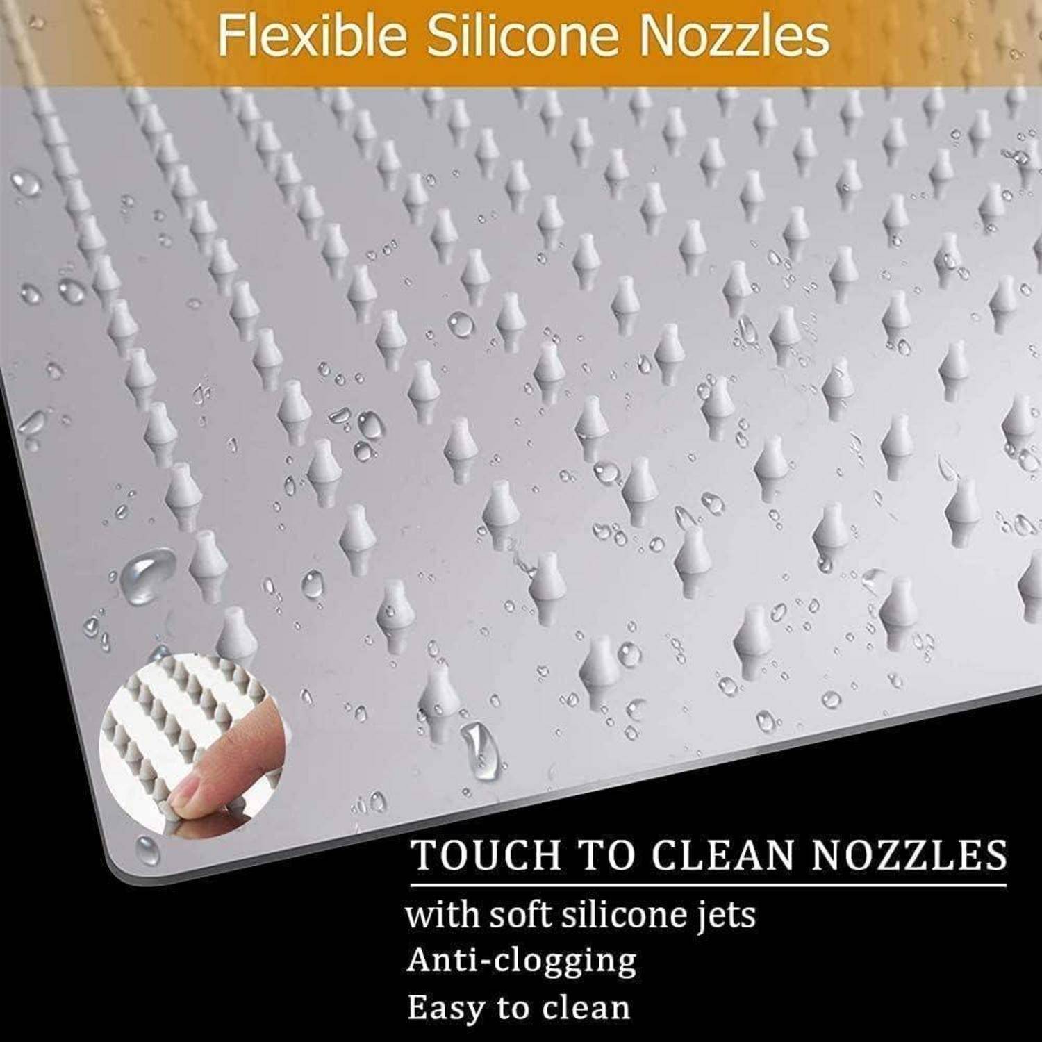 Werbebild eines Duschkopfgesichts mit flexiblen Silikonösen, Wassertropfen und Text: 