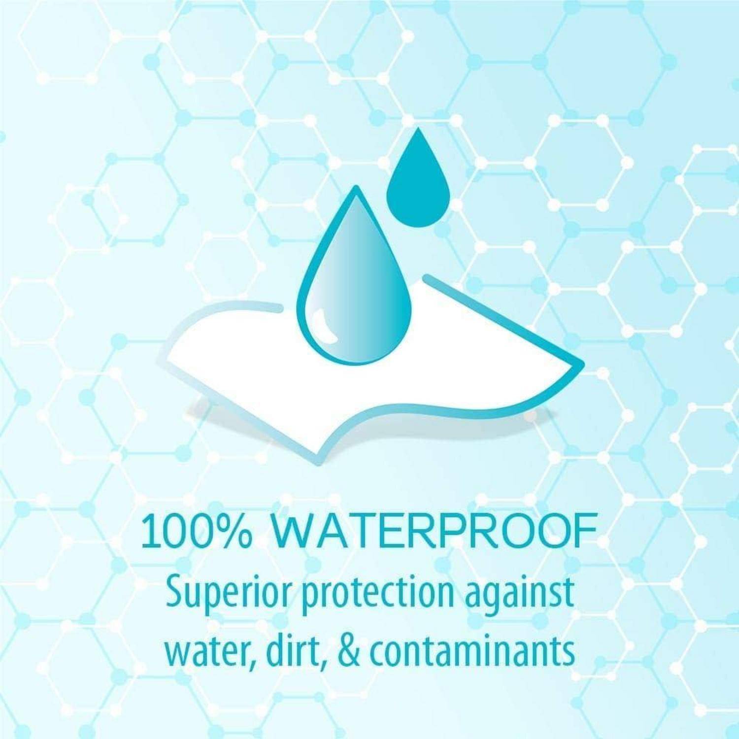 Wasserdichter Schutz-Icon mit Wassertropfen über einem Schild und dem Text „100% WASSERDICHT" und „Überlegener Schutz vor Wasser, Schmutz und Verunreinigungen"".