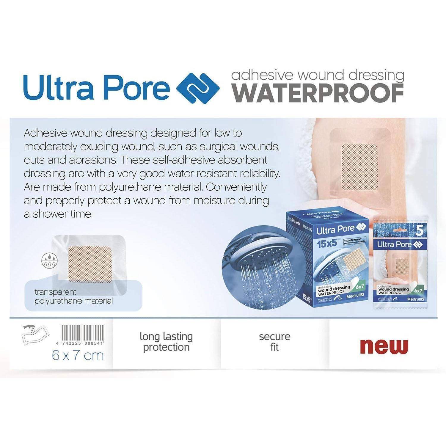 Packung für Ultra Pore wasserdichtes Klebe-Wundpflaster, zeigt ein transparentes Wundpad auf der Haut, Duschschutz und Produktschachteln.