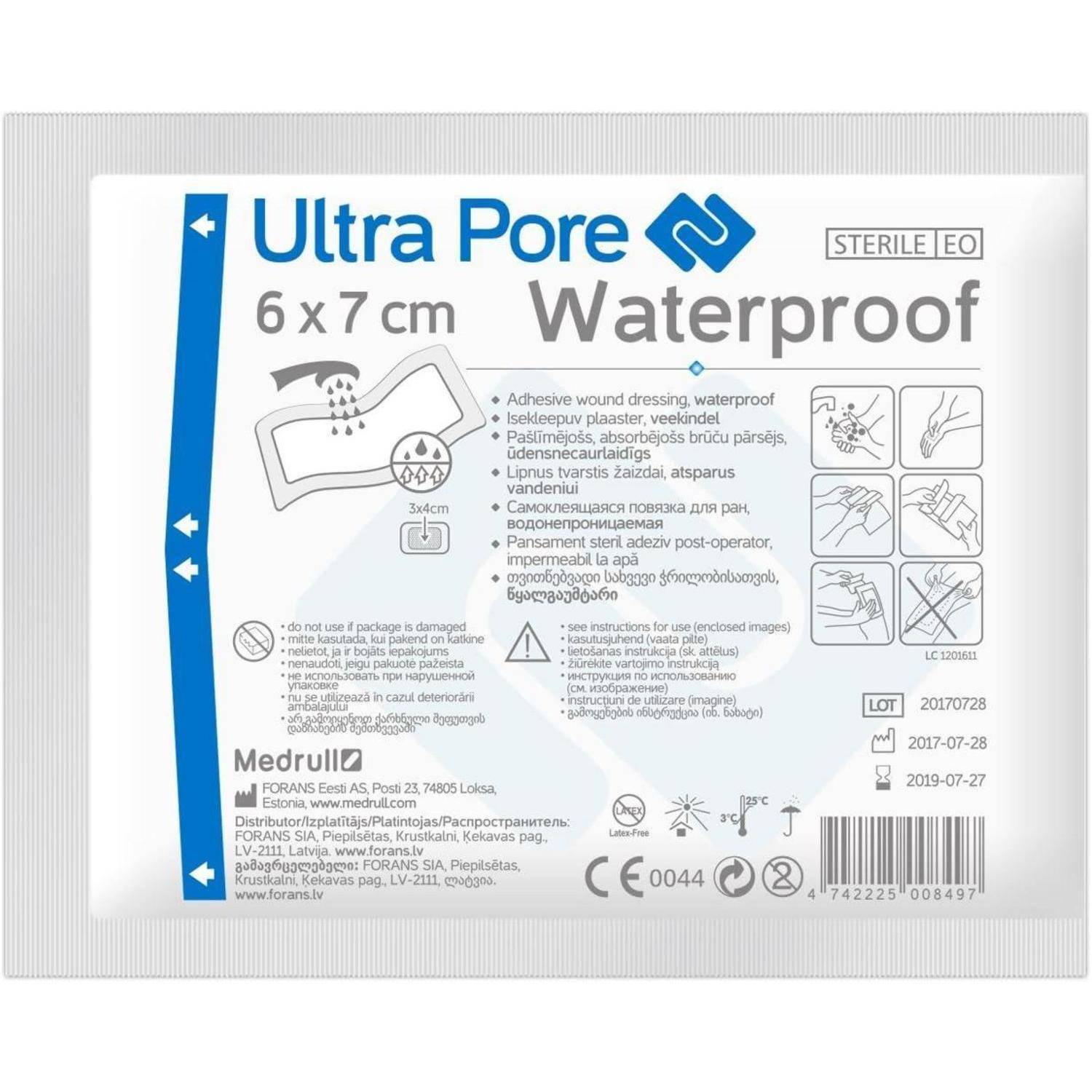 Packung mit Ultra Pore 6 x 7 cm wasserdichtem, sterilem, klebstoffhaltigen Wundverband mit Abbildungen und Gebrauchssymbolen.