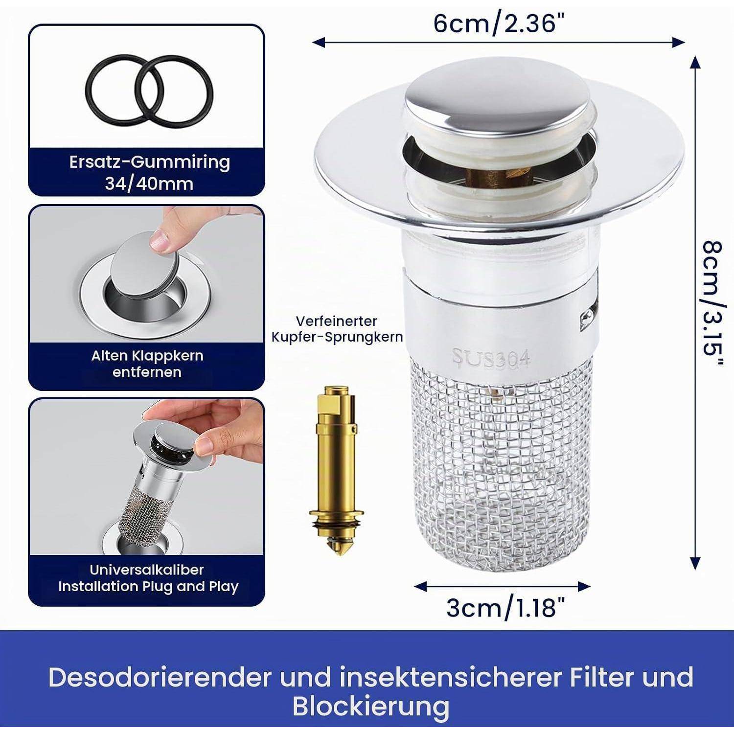 Produktdiagramm eines Edelstahlspülbeckens-Ablauf-/Filters mit einer Breite von 6 cm und einer Höhe von 8 cm, mit austauschbarem Dichtungsring 34/40 mm und Installationsschritten.