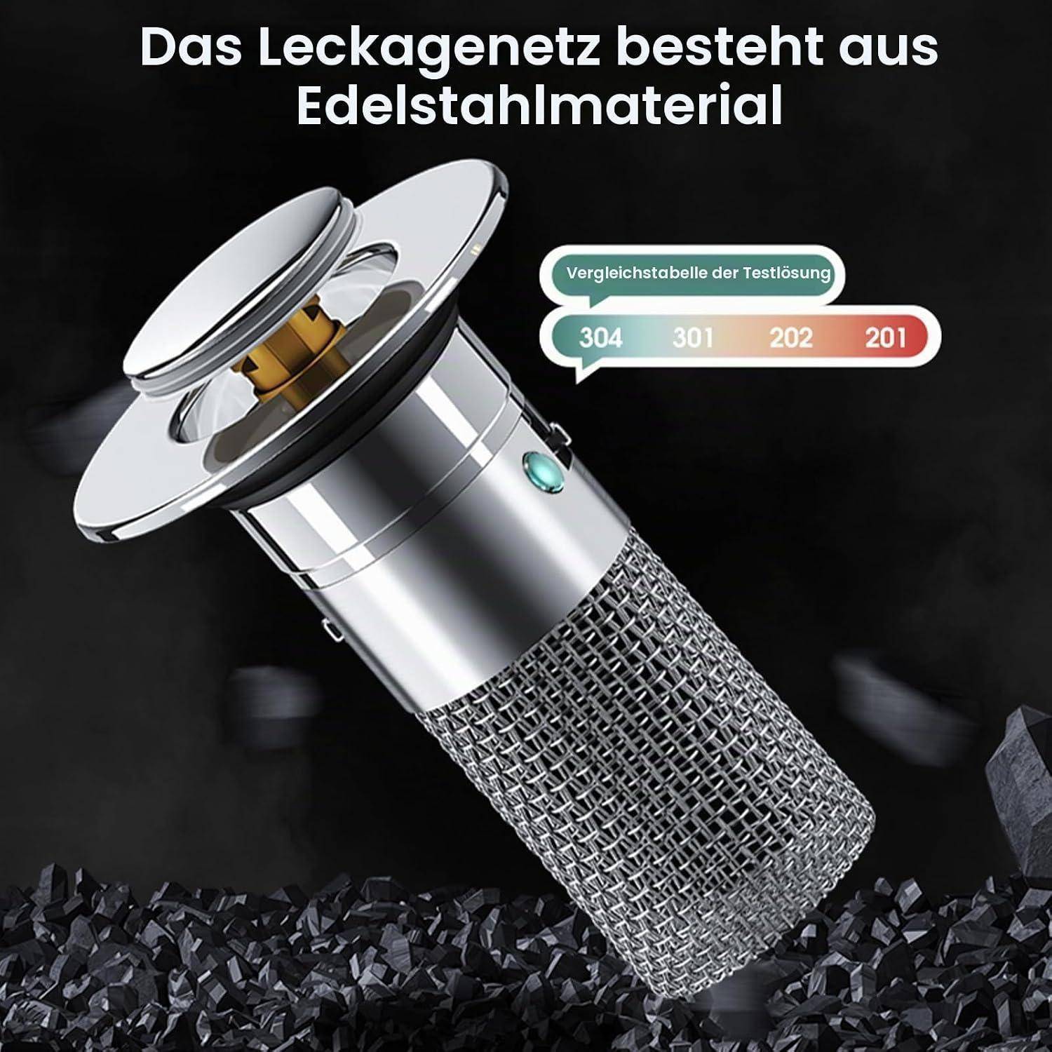 Produktbild eines Spülbeckensiebs aus Edelstahl mit Maschenkorb; deutscher Text besagt, dass das Ablaufnetz aus Edelstahl besteht und zeigt einen Materialvergleichstest 304, 301, 202, 201.