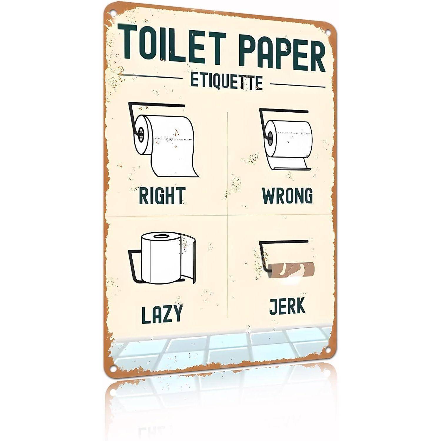 Vintage-Schild zur Toilettenpapier-Etikette, das korrekte und unkorrekte Rollenausrichtungen zeigt, beschriftet mit „RICHTIG