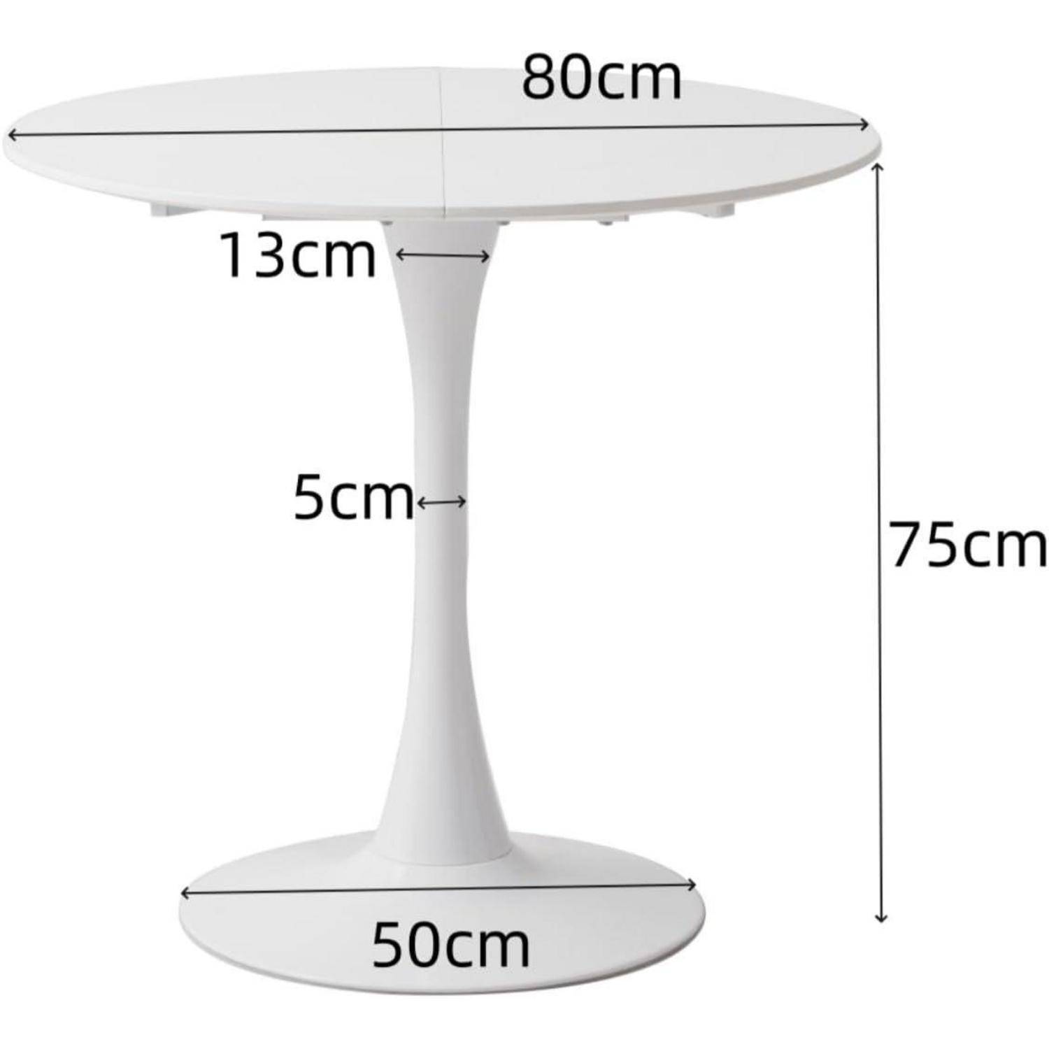 Weißer runder Sockel-Tisch mit Größenangaben: 80 cm Durchmesser der Tischplatte, 50 cm Durchmesser der Basis, 75 cm Höhe, 13 cm Halsbreite, 5 cm Stammdurchmesser.