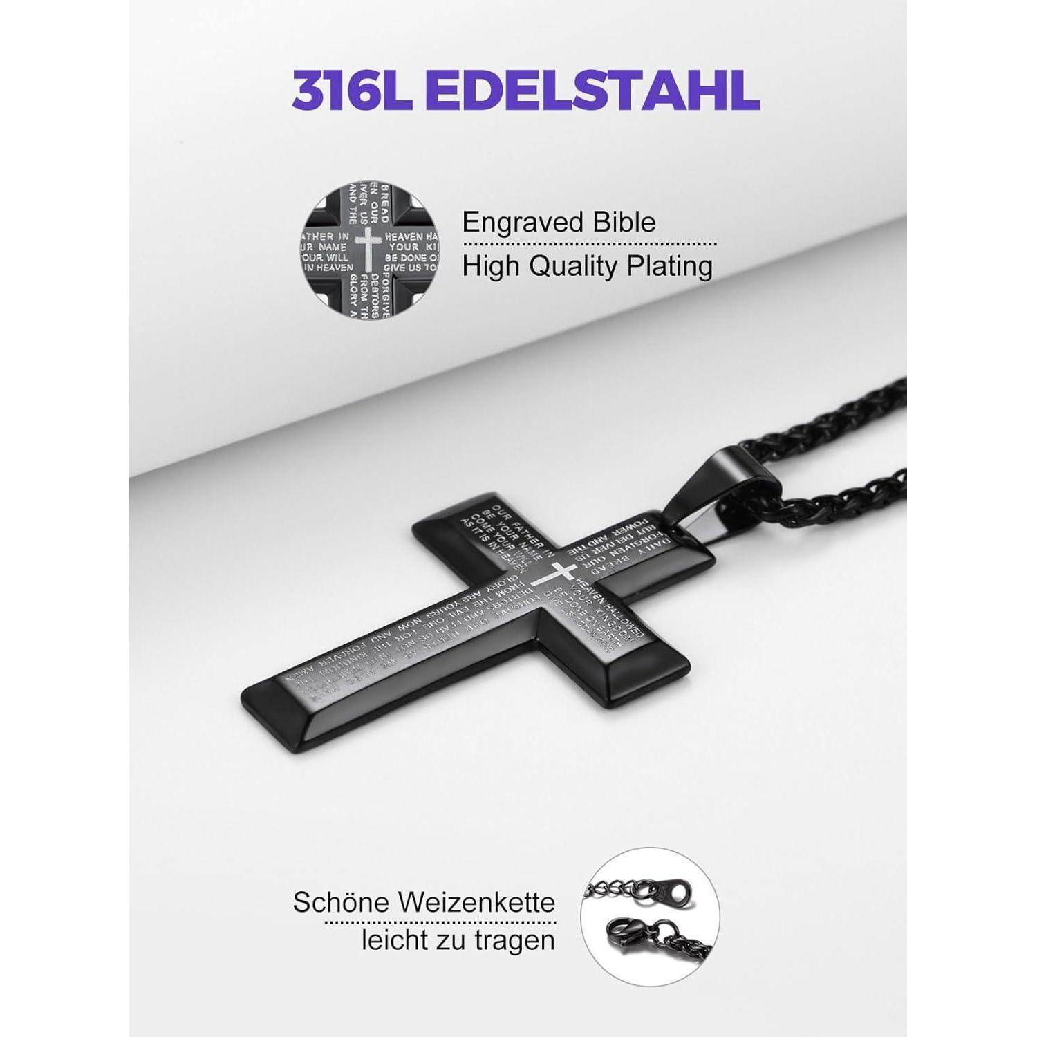 Schwarzes Kreuzanhänger-Halskette an einer Kette, beschriftet mit „316L Edelstahl