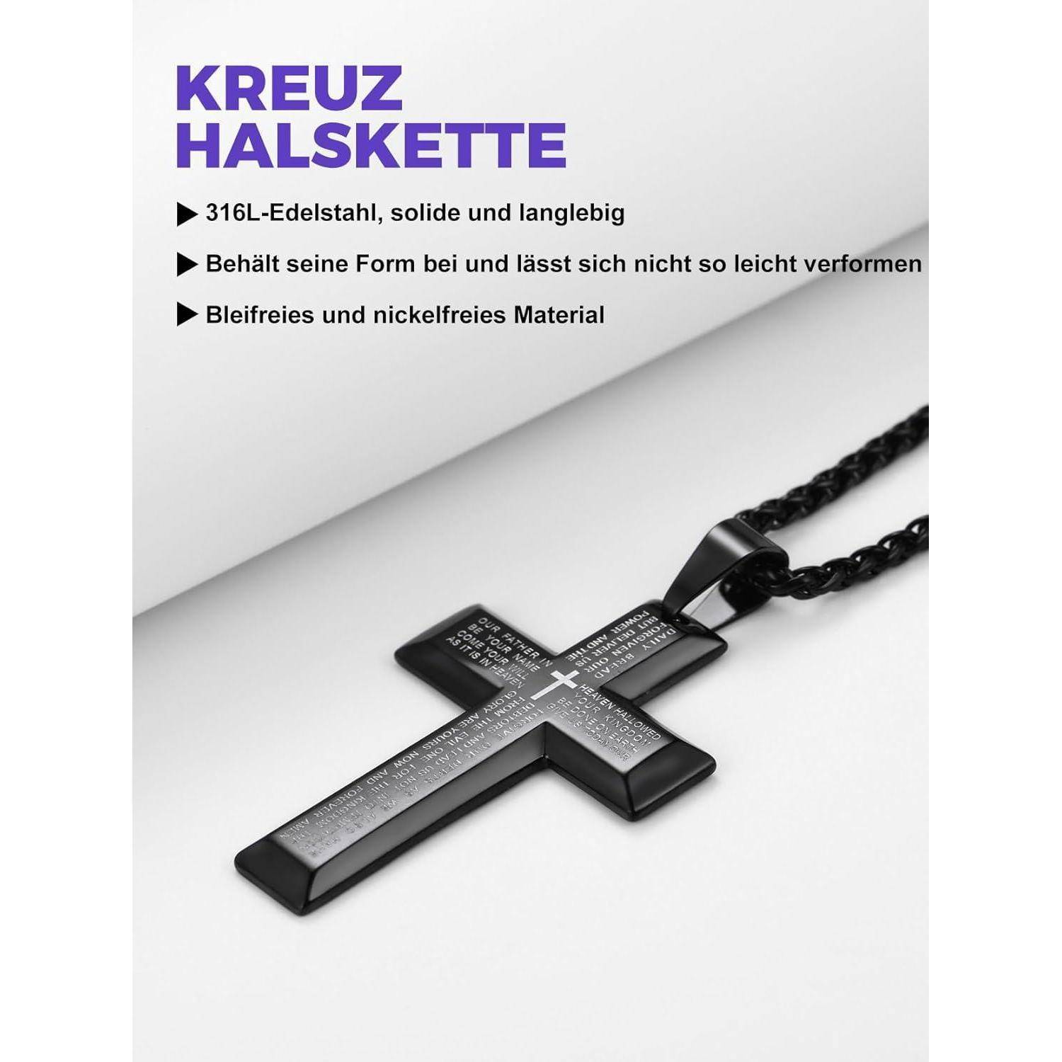 Schwarze Kreuzhalskette mit geflochtenem schwarzem Kettenanhänger, zusammen mit deutschem Text „KREUZ HALSKETTE