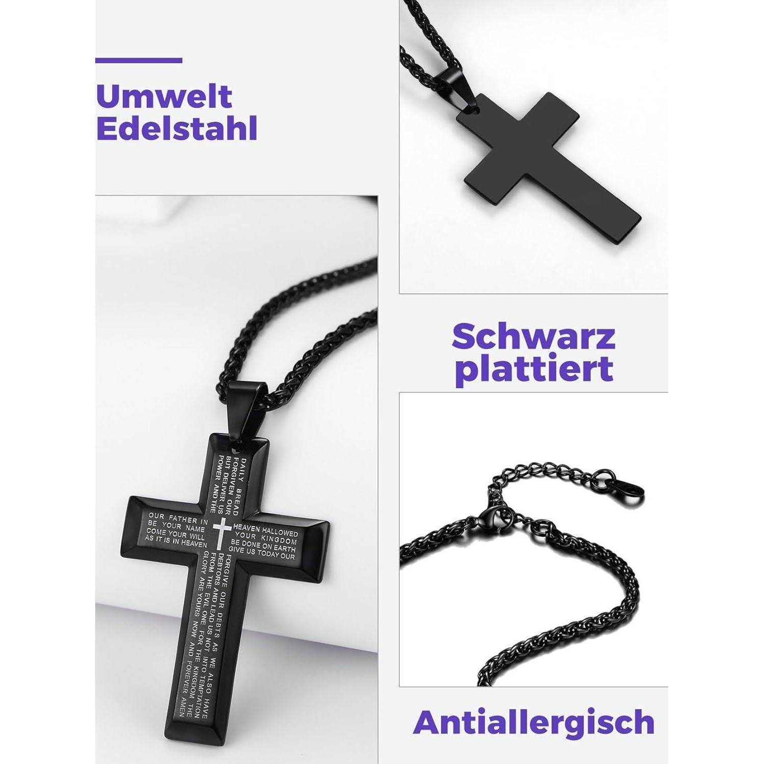 Schwarzes Kreuzanhänger-Halskette aus Edelstahl, gezeigt in mehreren Ansichten mit deutschen Beschriftungen „Umwelt Edelstahl