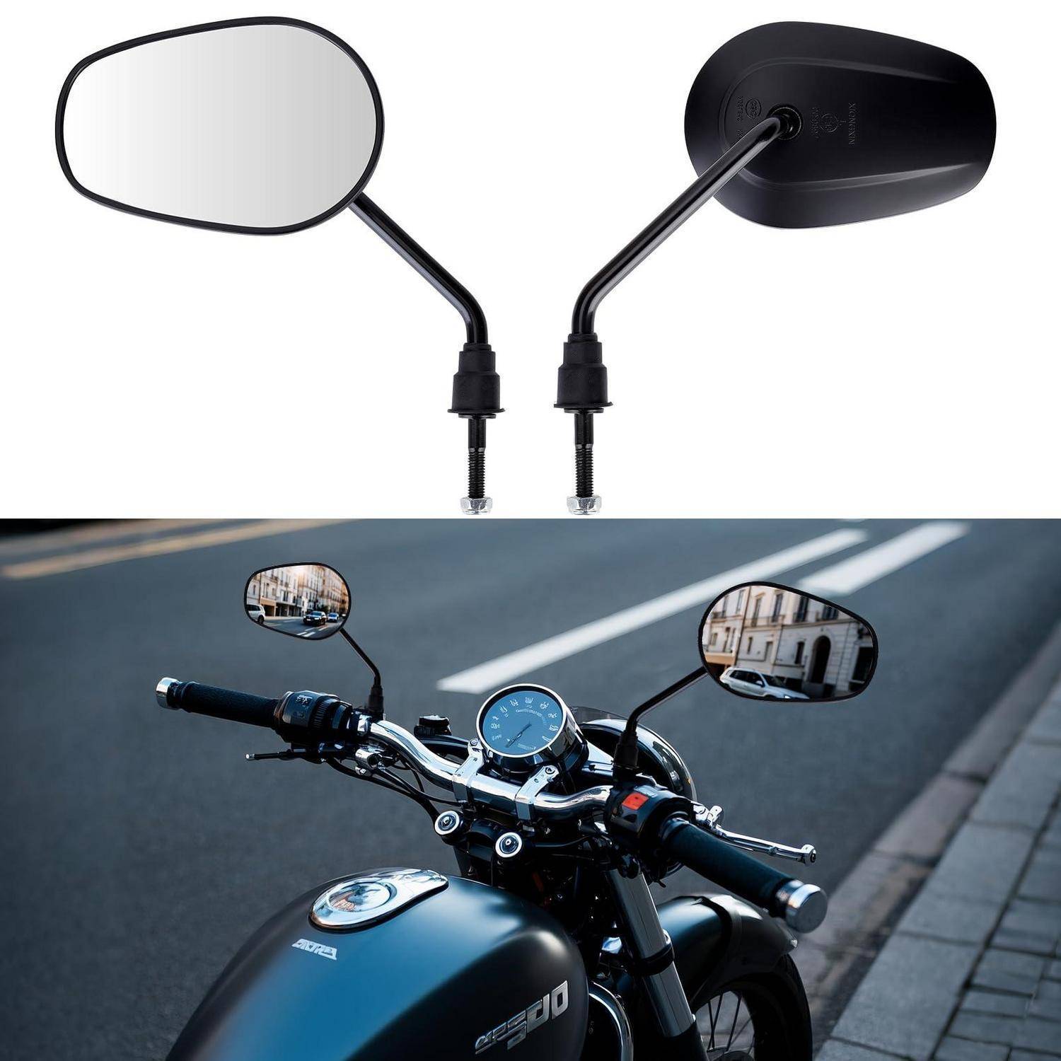 Motorrad-Rückspiegel, oben abgebildet und auf einem schwarzen Motorrad auf einer Straße montiert, wobei ihre Verwendung für die Fahrsichtbarkeit hervorgehoben wird.