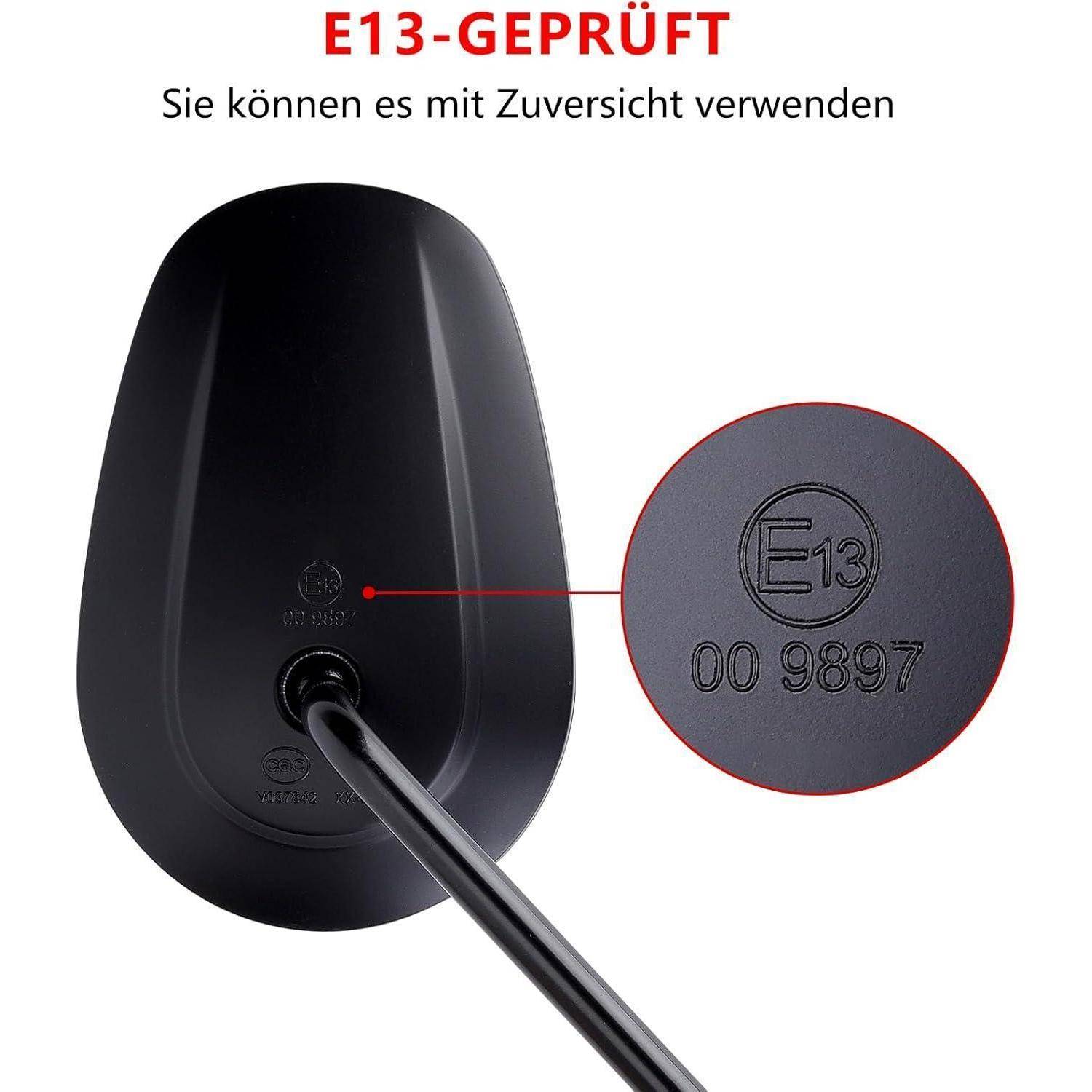 Schwarzer Fahrzeugspiegelsockel oder Antennenbasis von hinten gezeigt mit einer Nahaufnahme des E13-Genehmigungszeichens und des Zertifizierungscodes „00 9897".