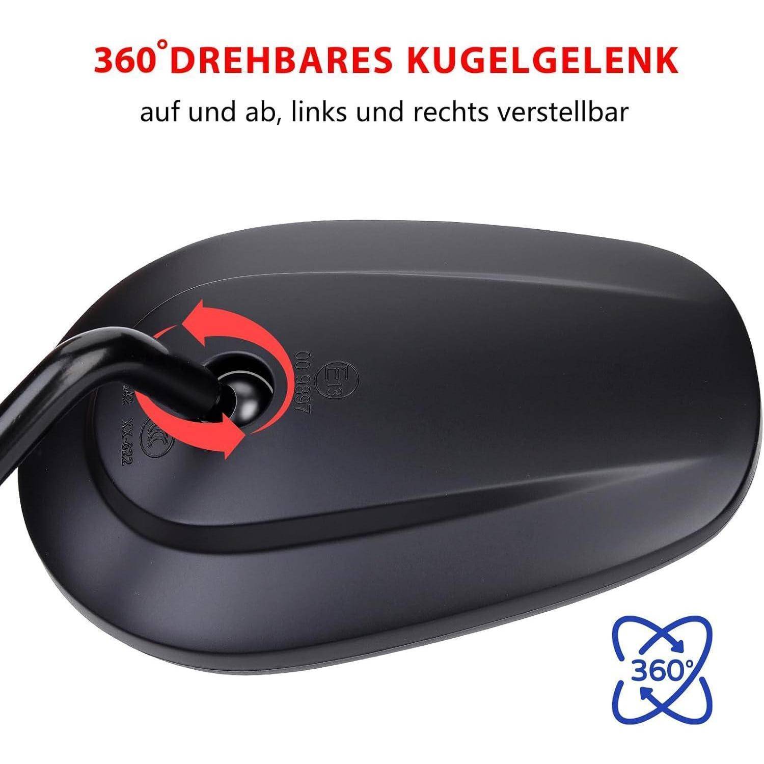 Schwarzes Gerät mit einem 360° drehbaren Kugelgelenk und Kabel, beschriftet auf Deutsch „360° drehbares Kugelgelenk" und verstellbar nach oben/unten, links/rechts.