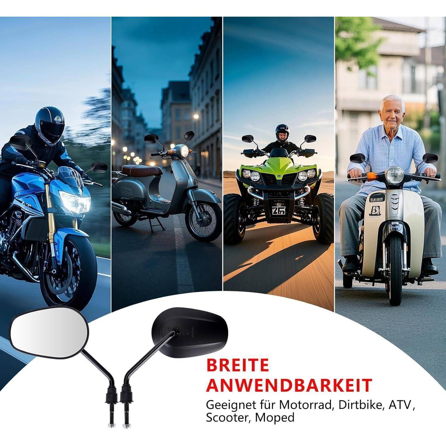 Werbe-Collage von verstellbaren Motorradspiegeln, gezeigt an einem Sportmotorrad, Roller, ATV und Mopped, mit deutschem Text „BREITE ANWENDBARKEIT" und „Geeignet für Motorrad, Dirtbike, ATV, Scooter, Moped"".