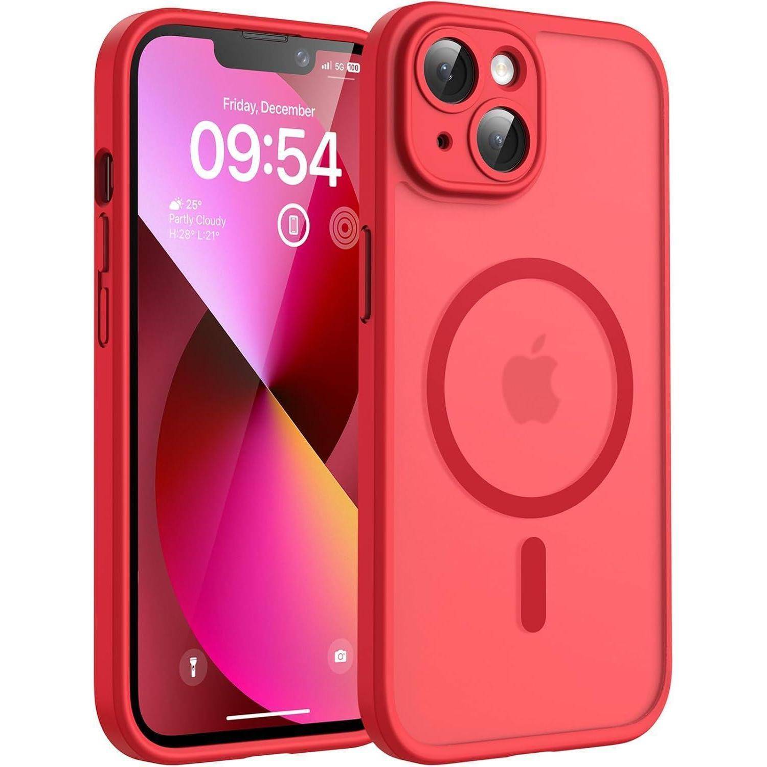 Rotes iPhone, von vorne und hinten gezeigt, in einer passenden roten MagSafe-ähnlichen Schutzhülle.