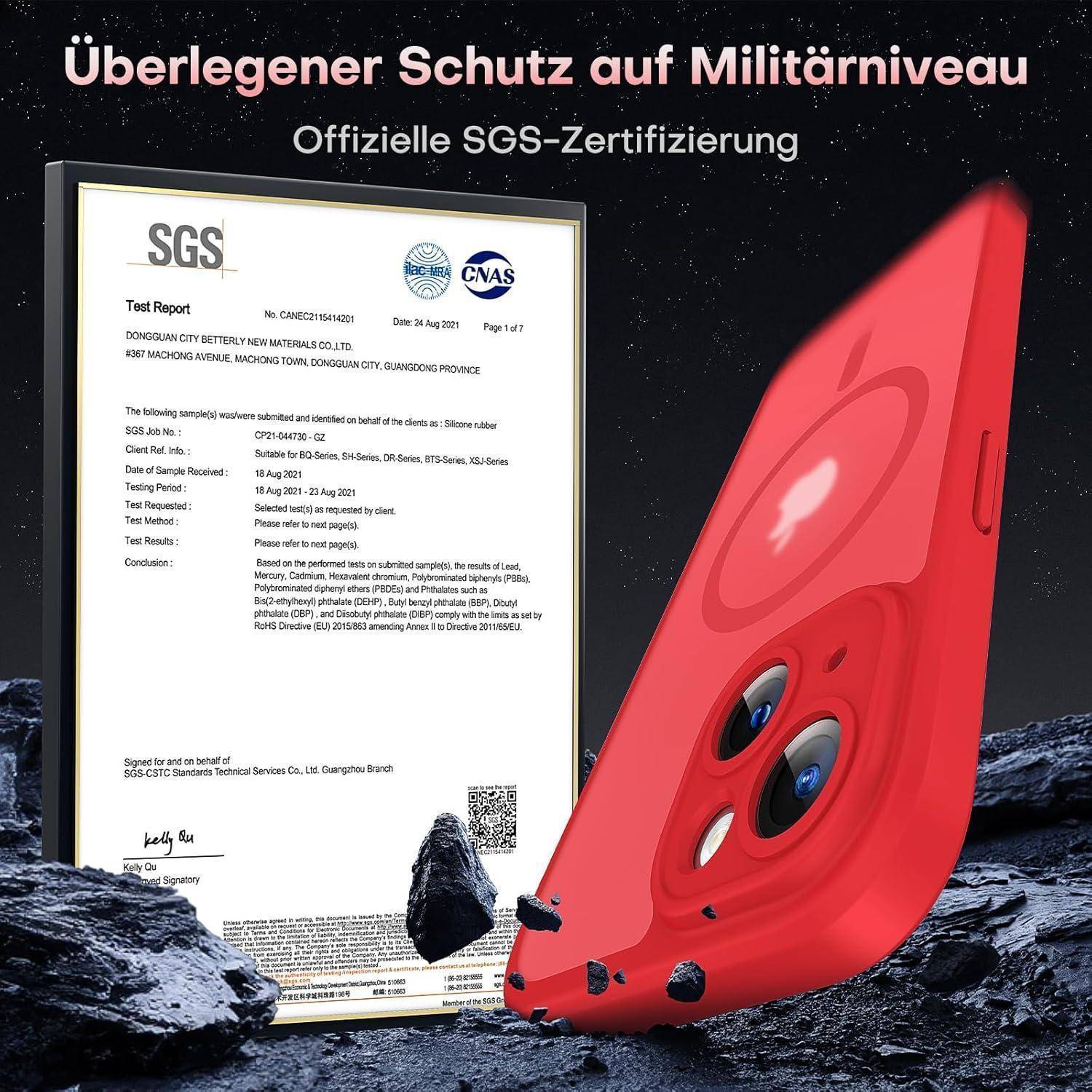 # Deutsches Werbegrafik mit rotem Smartphone-Gehäuse mit Aufprallschäden neben einem SGS-Testbericht, das 