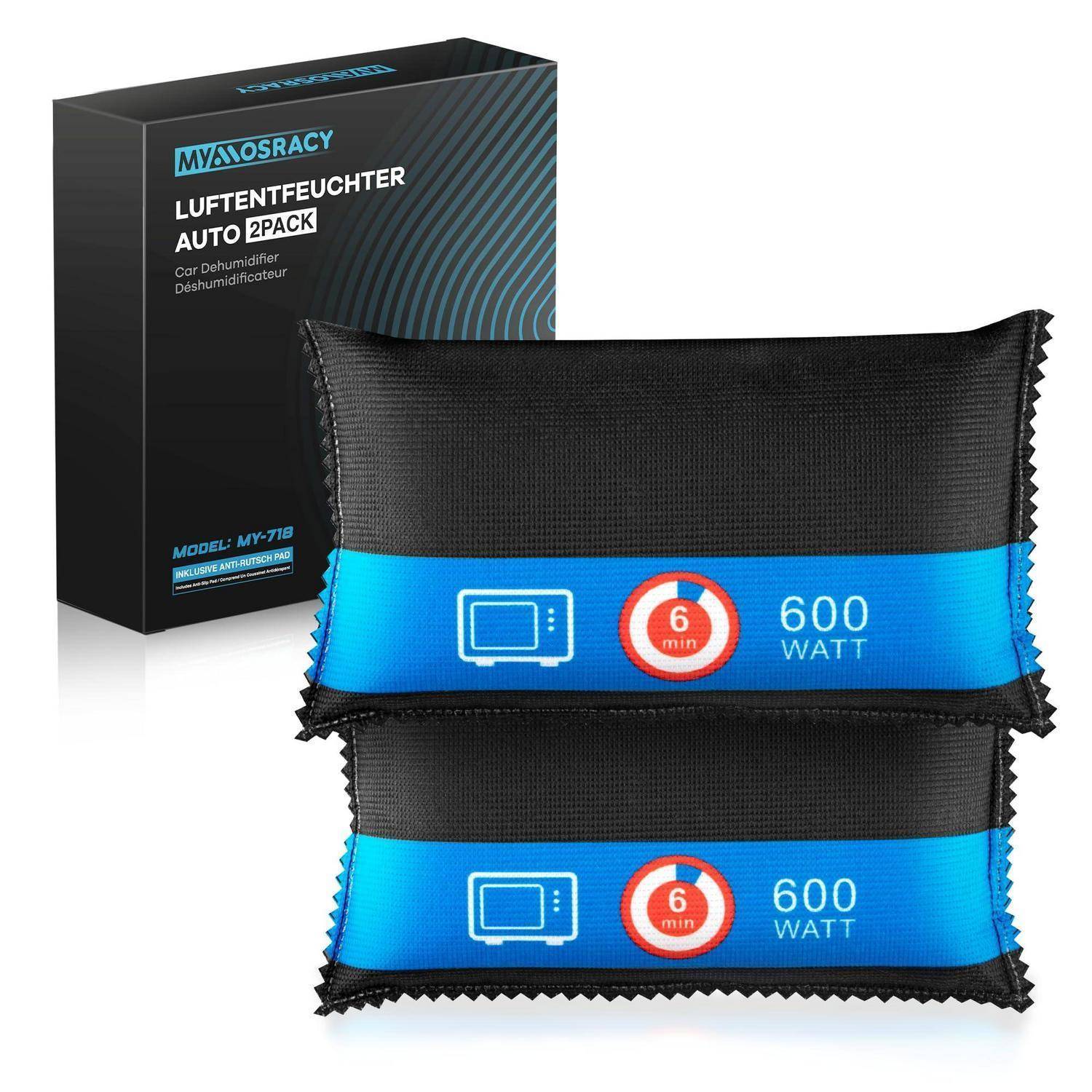 Produktfoto von zwei schwarz-blauen Auto-Entfeuchter-Paketen vor einer Schachtel mit der Aufschrift „LUFTENTFEUCHTER AUTO 2PACK