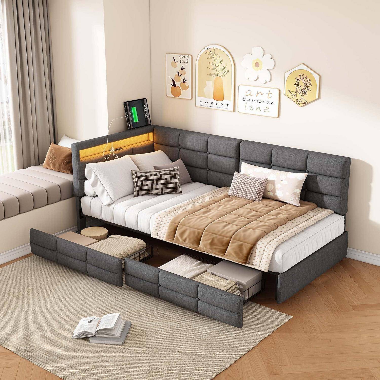 Schlafsofa 90x200 cm Polsterbett Einzelbett mit 2 Schubladen, L-Form Tagesbett aus grauem Leinen mit LED-Beleuchtung & USB/Typ-C, Jugendbet