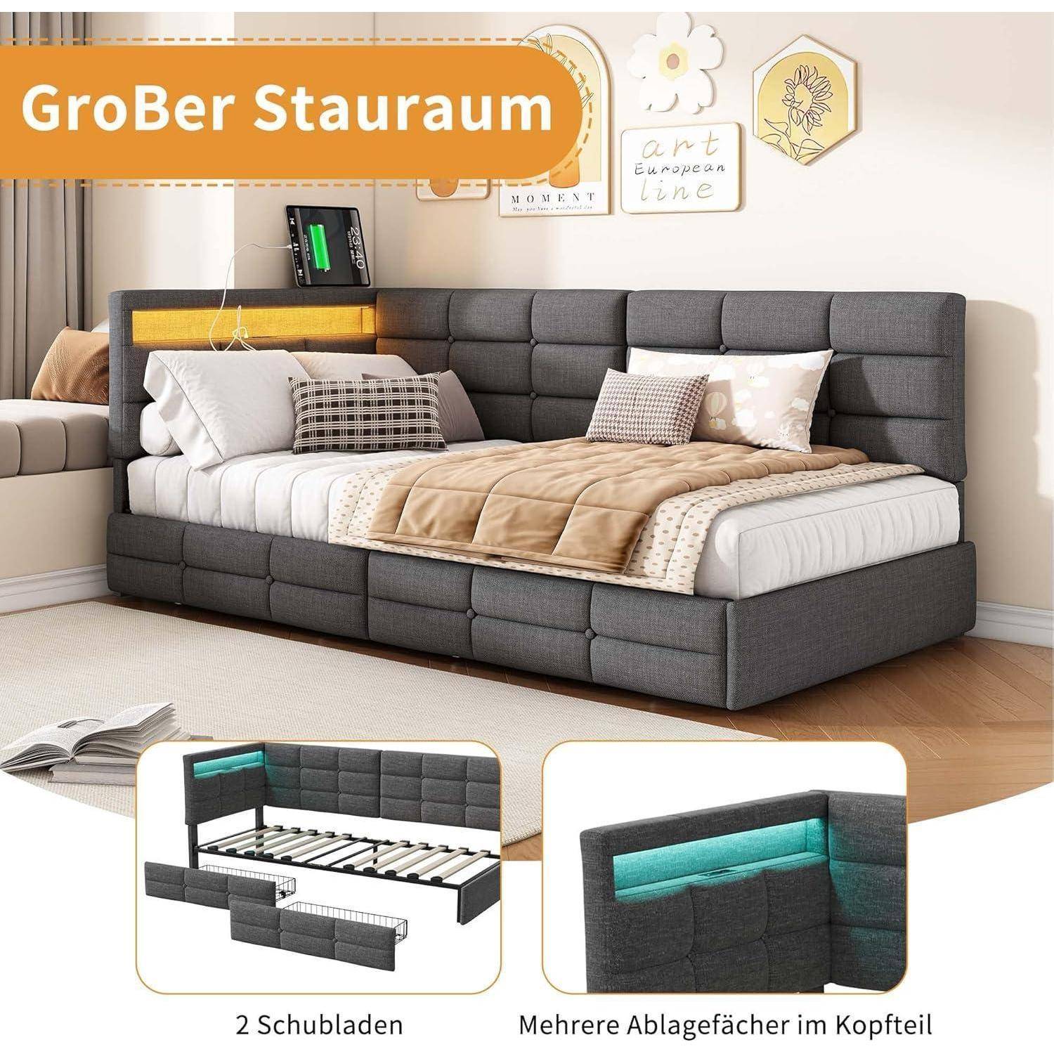 Einzelbett-Schlafsofa, Einzelbett mit Schubladen, Schlafsofa mit LED-Lichtern, gepolstertes Bett mit USB, Gästebett, multifunktionales Schlafsofa
