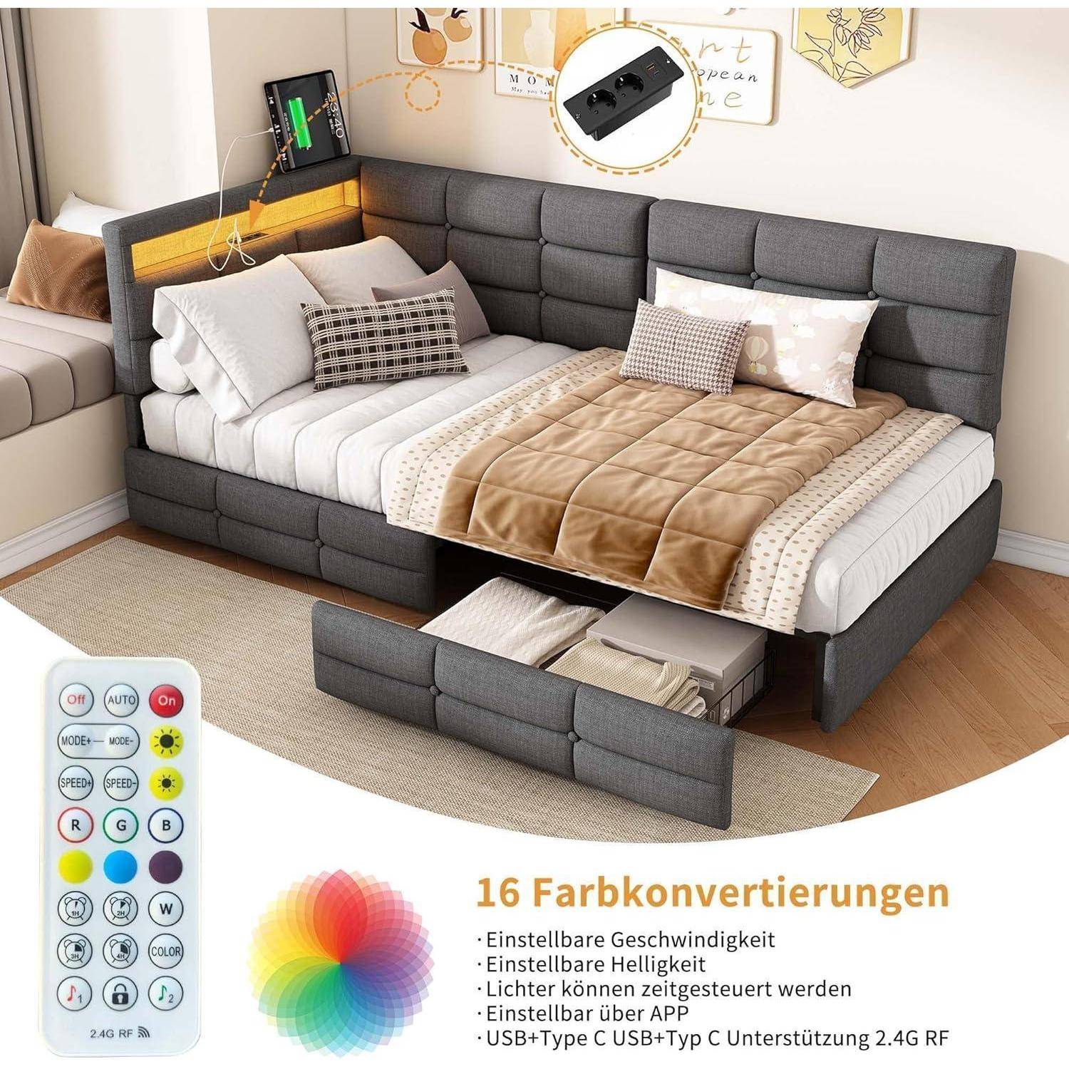 Einzelbett-Schlafsofa, Einzelbett mit Schubladen, Schlafsofa mit LED-Lichtern, gepolstertes Bett mit USB, Gästebett, multifunktionales Schlafsofa
