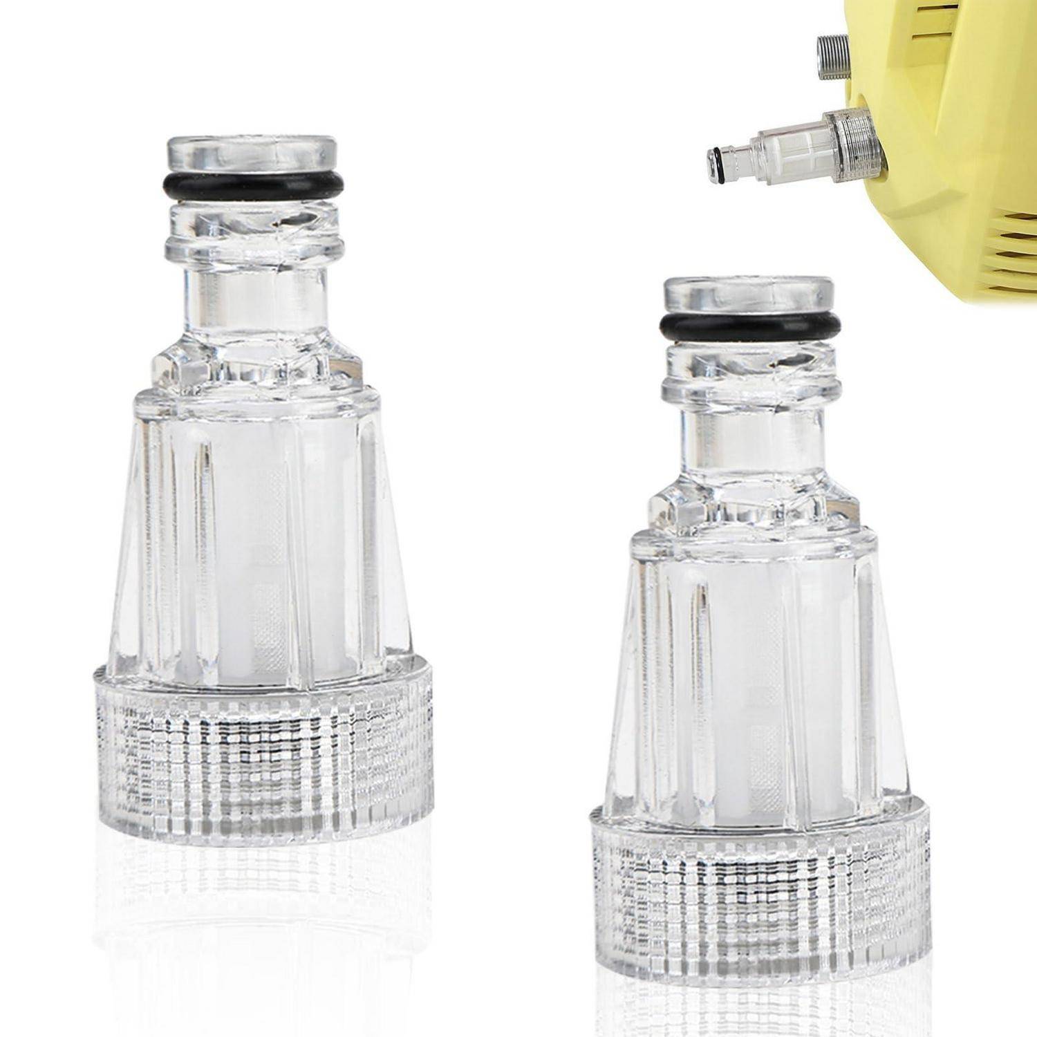 Zwei klare Glasflaschenadapter mit schwarzen Gummiabdichtungen, einer an einer gelben Gerätedüse befestigt, auf weißem Hintergrund gezeigt.
