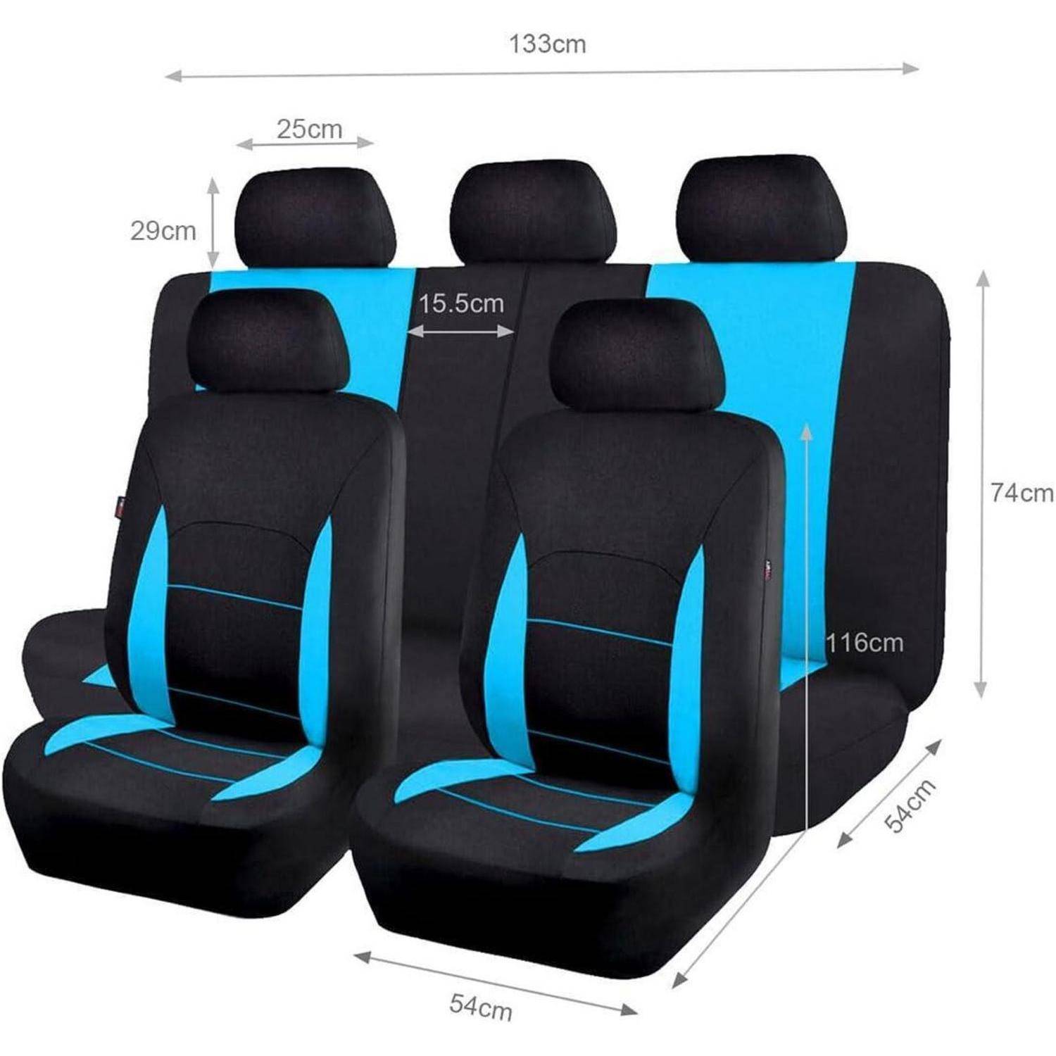 Autositzbezugsset in Schwarz und Blau mit drei Kopfstützen, gezeigt mit Abmessungen: 133 cm Breite, 74 cm Höhe, 54 cm Tiefe und gekennzeichneten Sitzmessungen.