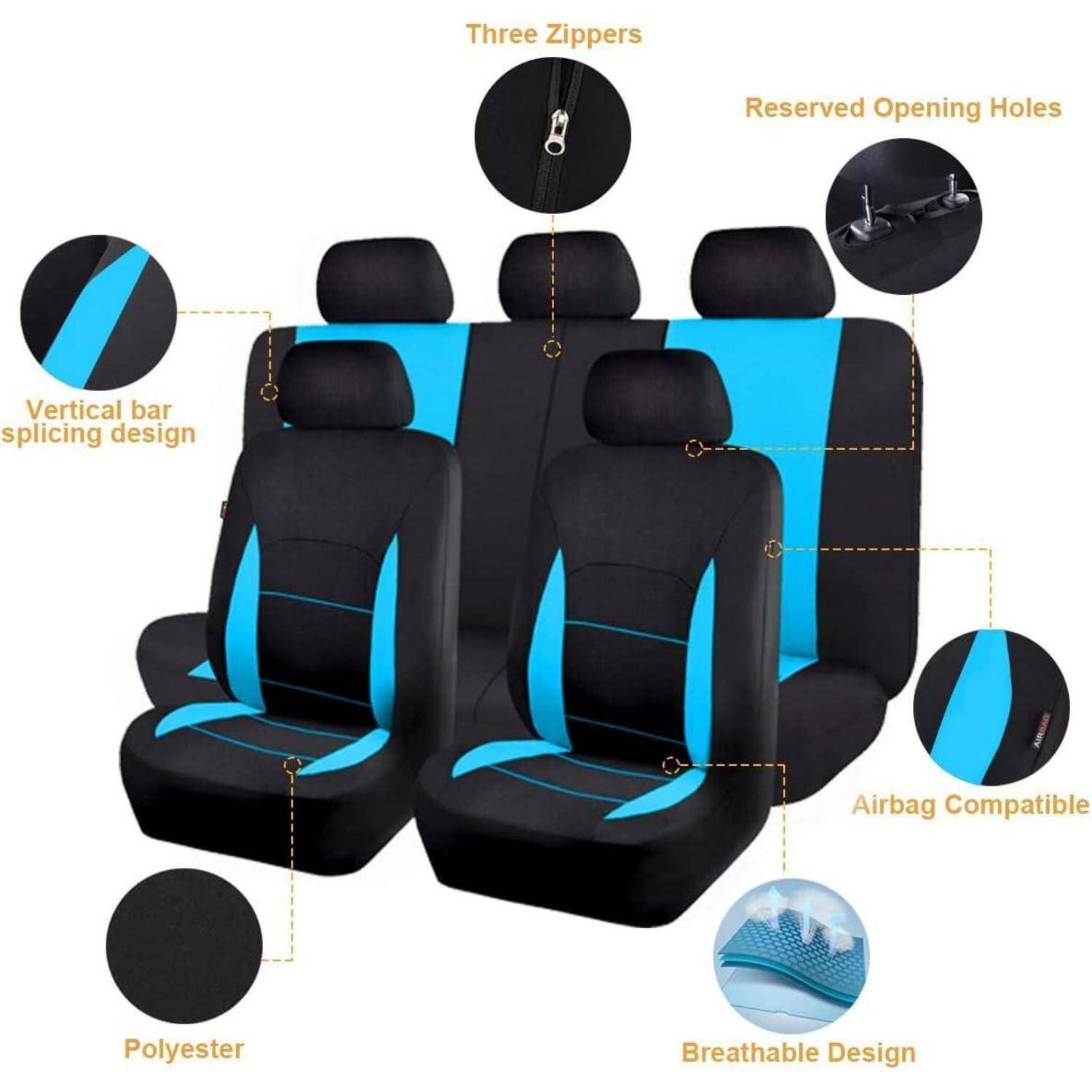 Diagramm von schwarzen und blauen Autositzbezügen mit Beschriftungen für Funktionen: drei Reißverschlüsse, reservierte Öffnungslöcher, Airbag-Kompatibilität, atmungsaktives Polyester und vertikales Steg-Splicing-Design.