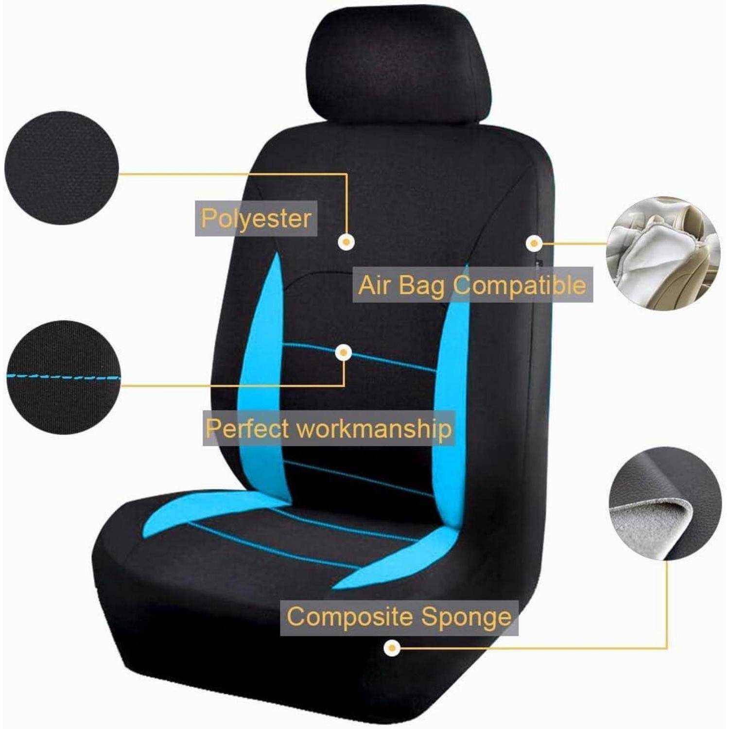 Schwarz-blauer Autositzbezug in Vorderansicht gezeigt, mit Beschriftungen, die Polyester, Airbag-Kompatibilität, perfekte Verarbeitung und Verbundschwamm hervorheben.
